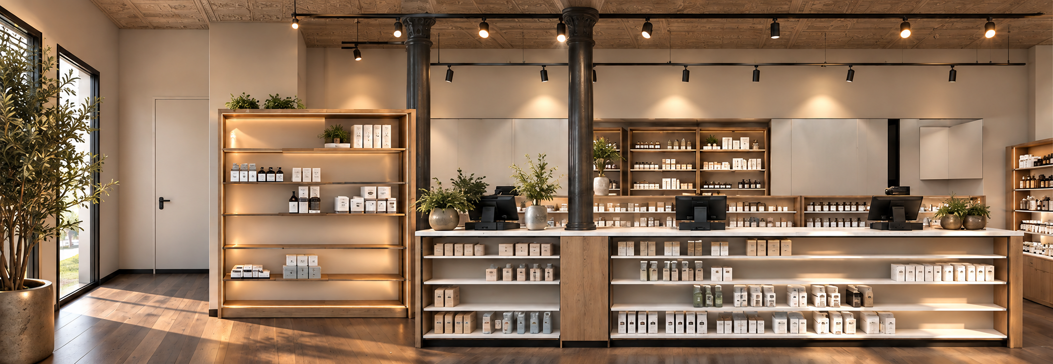 Wide view of the pharmacy with a long built-in service counter in vertically-slatted light wood and a white countertop, a standalone LED-lit display unit of apothecary bottles, a large potted olive tree, dark architectural column, track lighting and a pressed-tin ceiling over wide-plank wood flooring