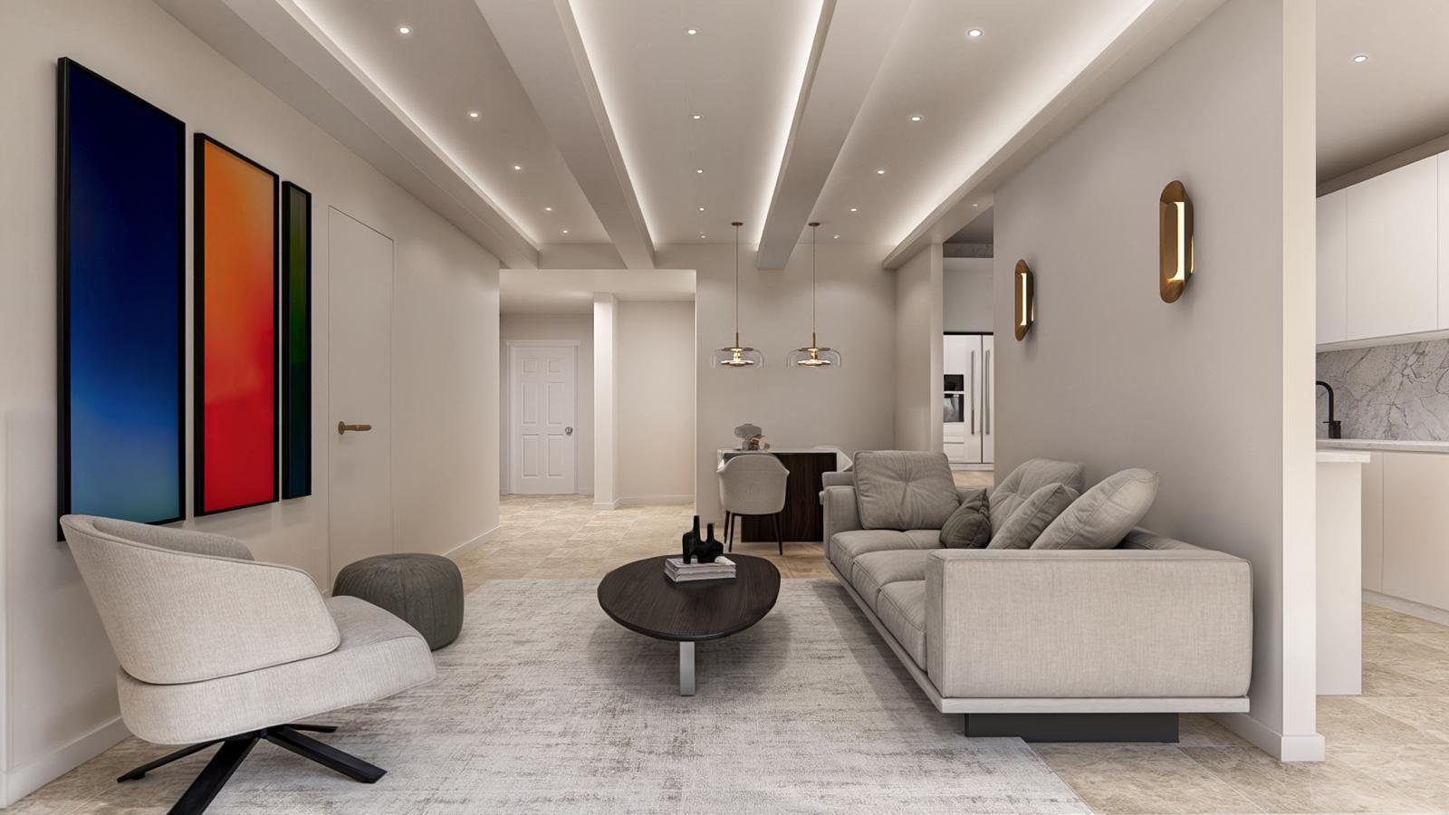 Long view down the living room with the colour-field triptych, ivory swivel chair and grey pouf, coffered ceiling with cove lighting, dining nook with glass pendants and the white kitchen at the far end