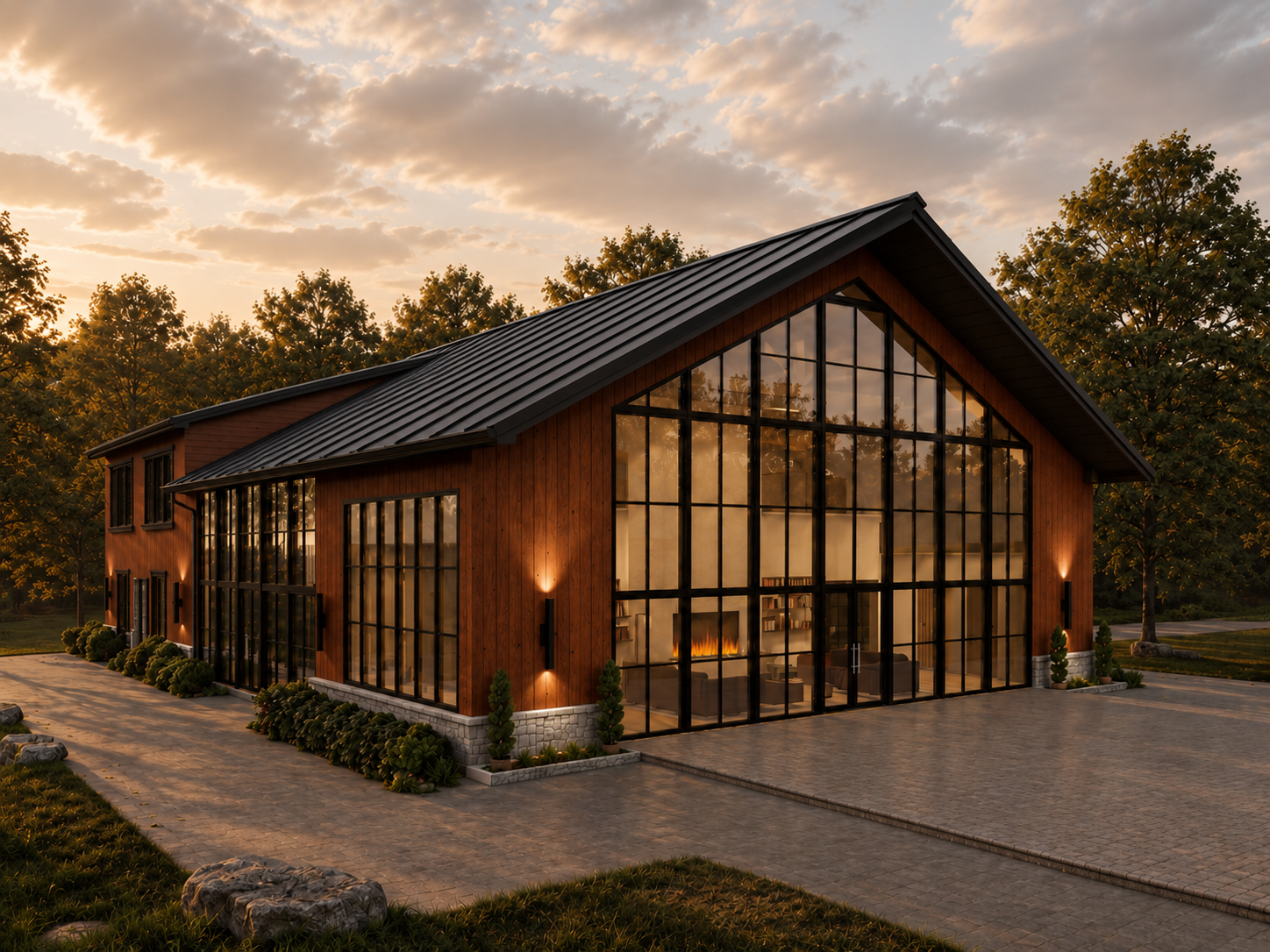 Angled front-left corner view of the timber-clad building at dusk with a black standing-seam gable roof, floor-to-ceiling black-framed glass revealing a glowing fireplace, warm sconce light on the cladding and a stone base course