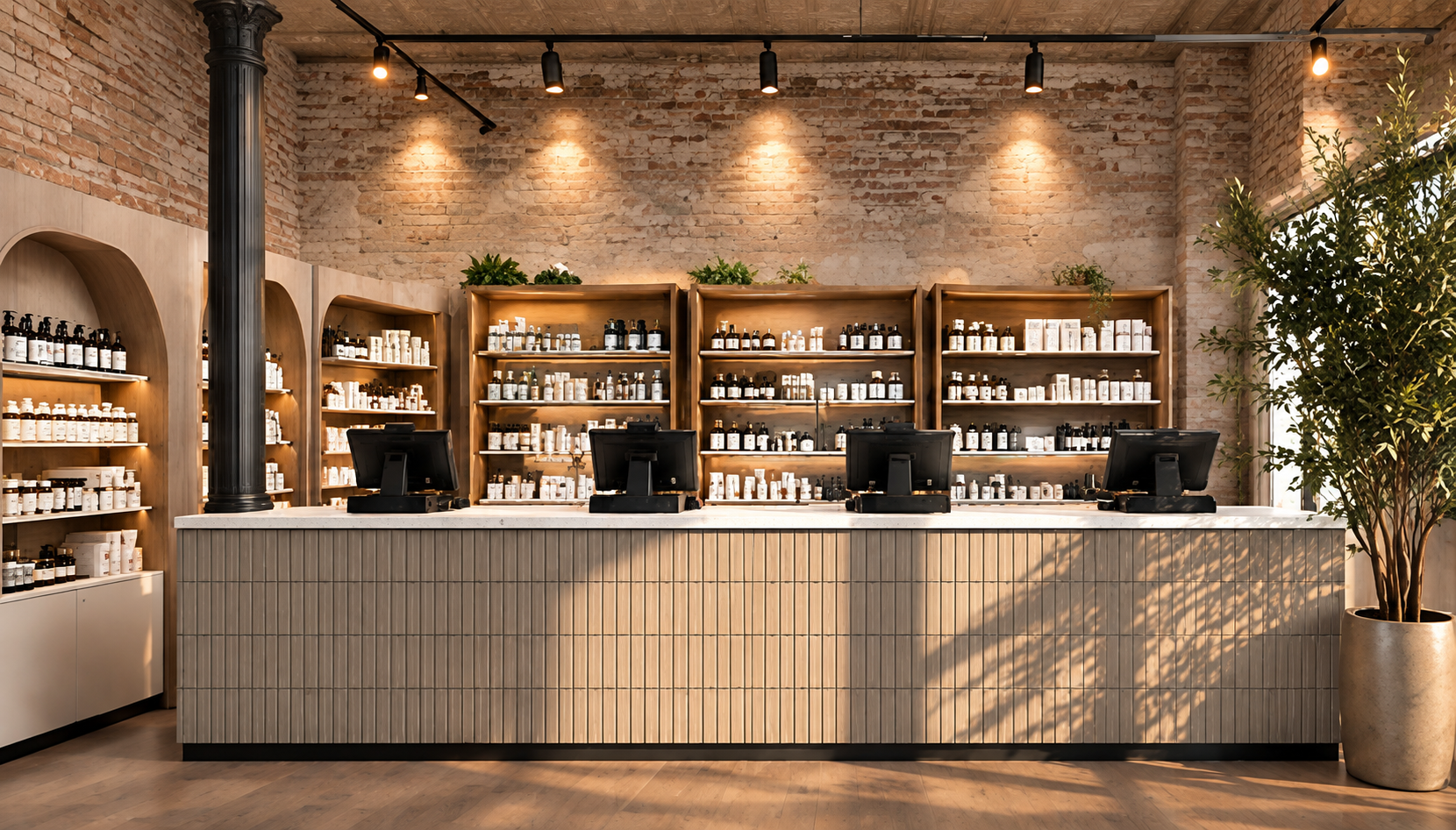 Long checkout counter in light-tan vertical tile with an off-white top and four POS terminals, backed by three LED-lit wooden shelving units in an exposed brick wall of apothecary products, a potted plant in a metallic planter, track lighting and warm afternoon light across the wood floor