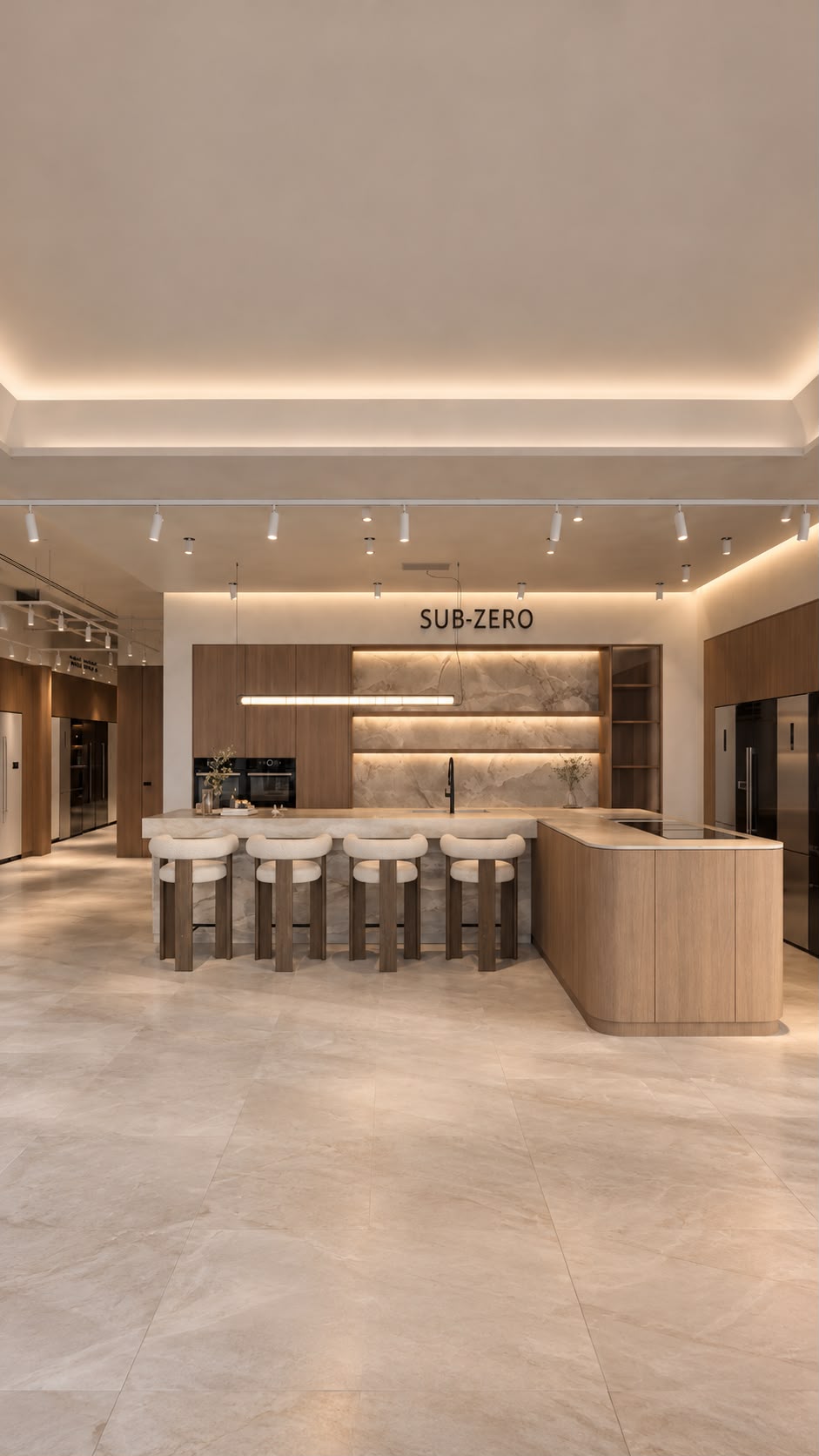 Centered view of a Sub-Zero showroom kitchen on large-format beige stone tile, with a multi-level island — a stone counter with four rounded off-white stools on dark wood bases beside a lower rounded-edge timber section — vertical wood panelling, a marble backsplash with integrated LED strip, a wall-mounted SUB-ZERO sign, integrated appliances, track and recessed ceiling lighting, a linear pendant over the island and perimeter cove lighting