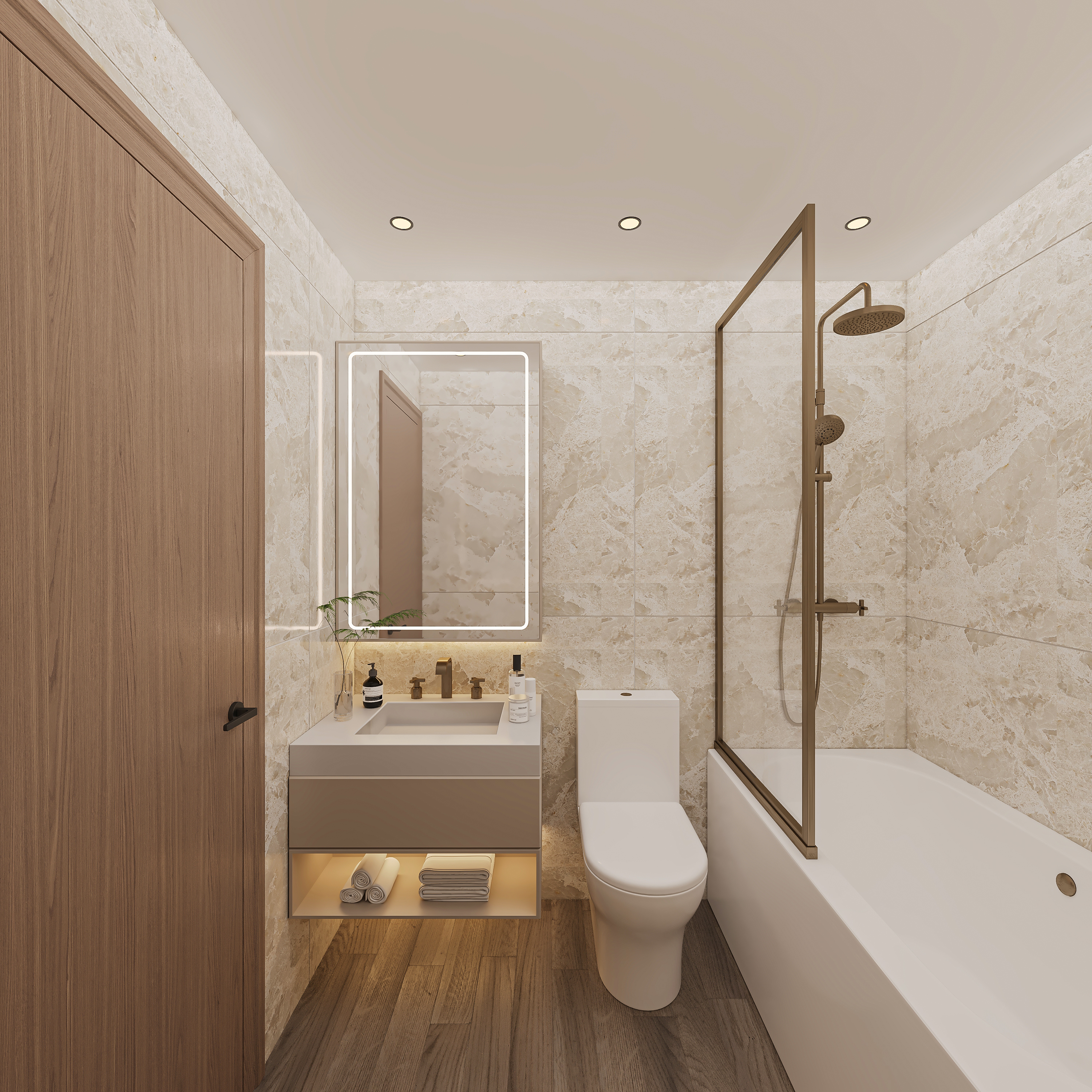 Bathroom in cream marble-effect tile with a backlit mirror, taupe floating vanity with an LED-lit towel niche, brass tapware and a bath behind a brass-framed glass screen with rain shower