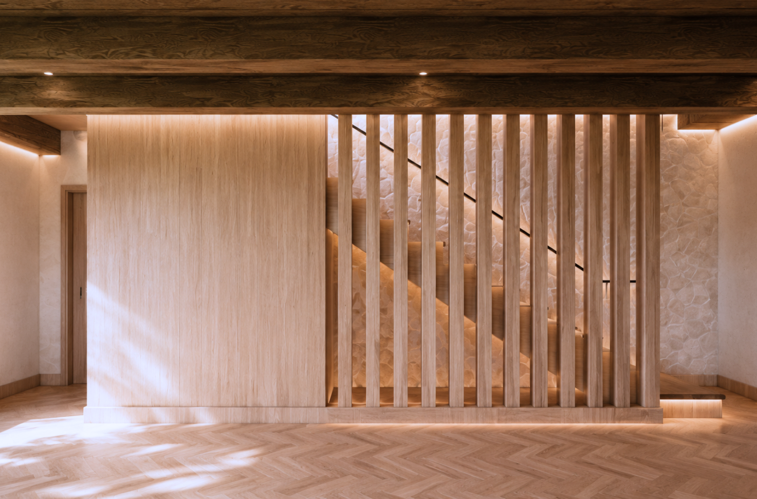 Hallway with herringbone oak flooring and exposed dark timber beams with cove lighting, a vertical wood-slat staircase screen revealing oak treads and a dark metal handrail, a light oak veneer panel, irregular stone cladding wrapping the corner and warm ambient light pooling on the floor