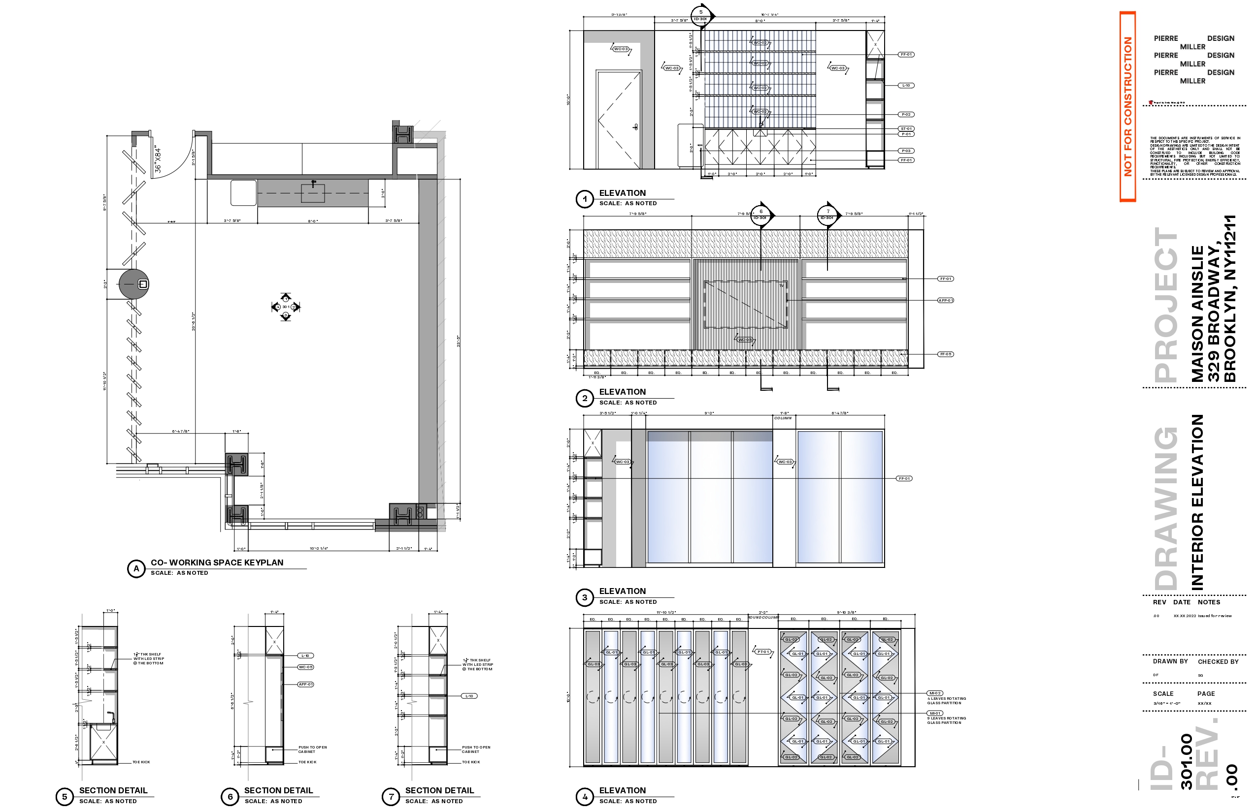 Co-working space interior elevations with a keyplan, shelving and screen walls, glass partitions, the diamond mirrored screen and three joinery section details