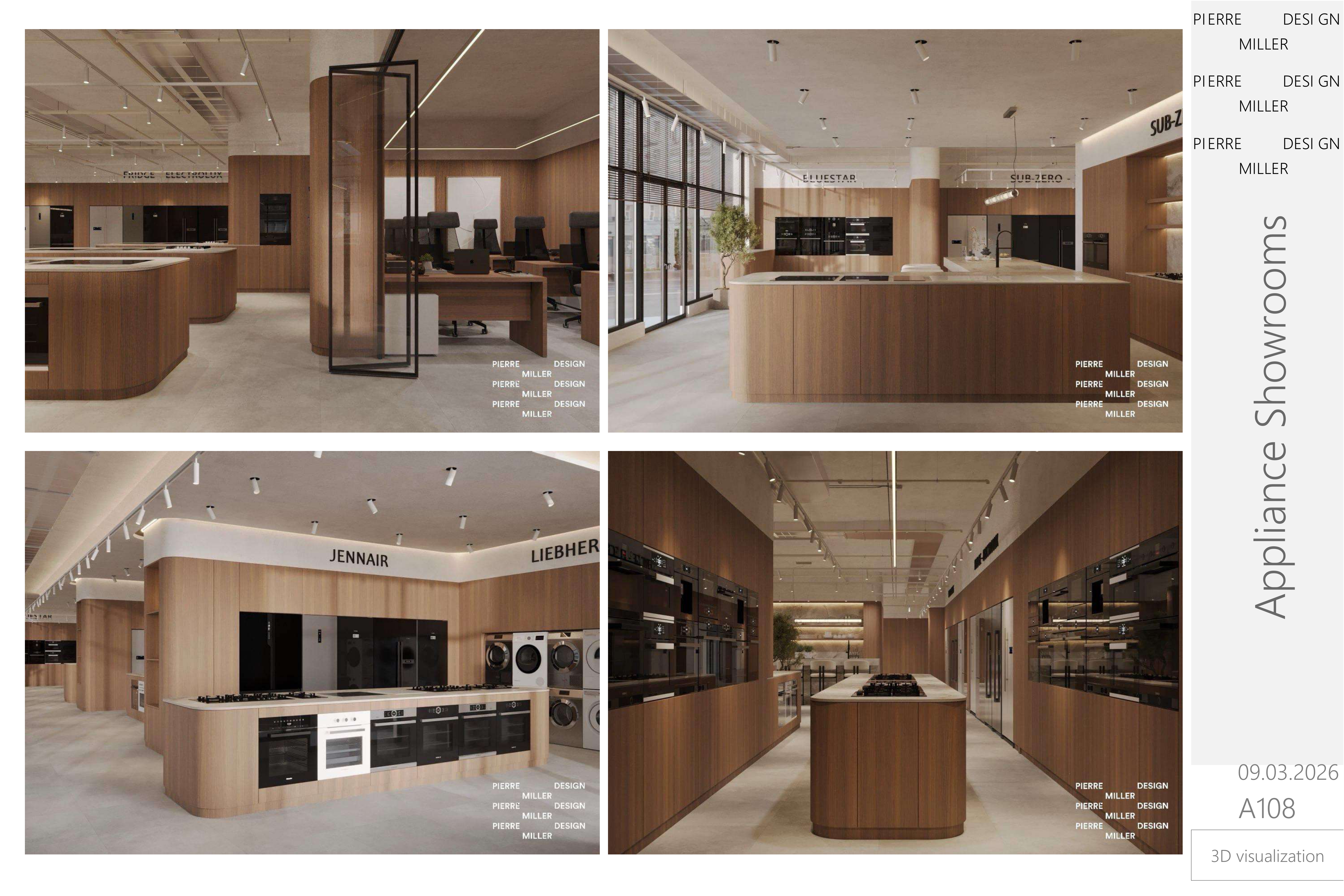 Four views of the JennAir, Liebherr, BlueStar and Sub-Zero brand bays in oak cabinetry, with glazed office partitions and a window-lit island