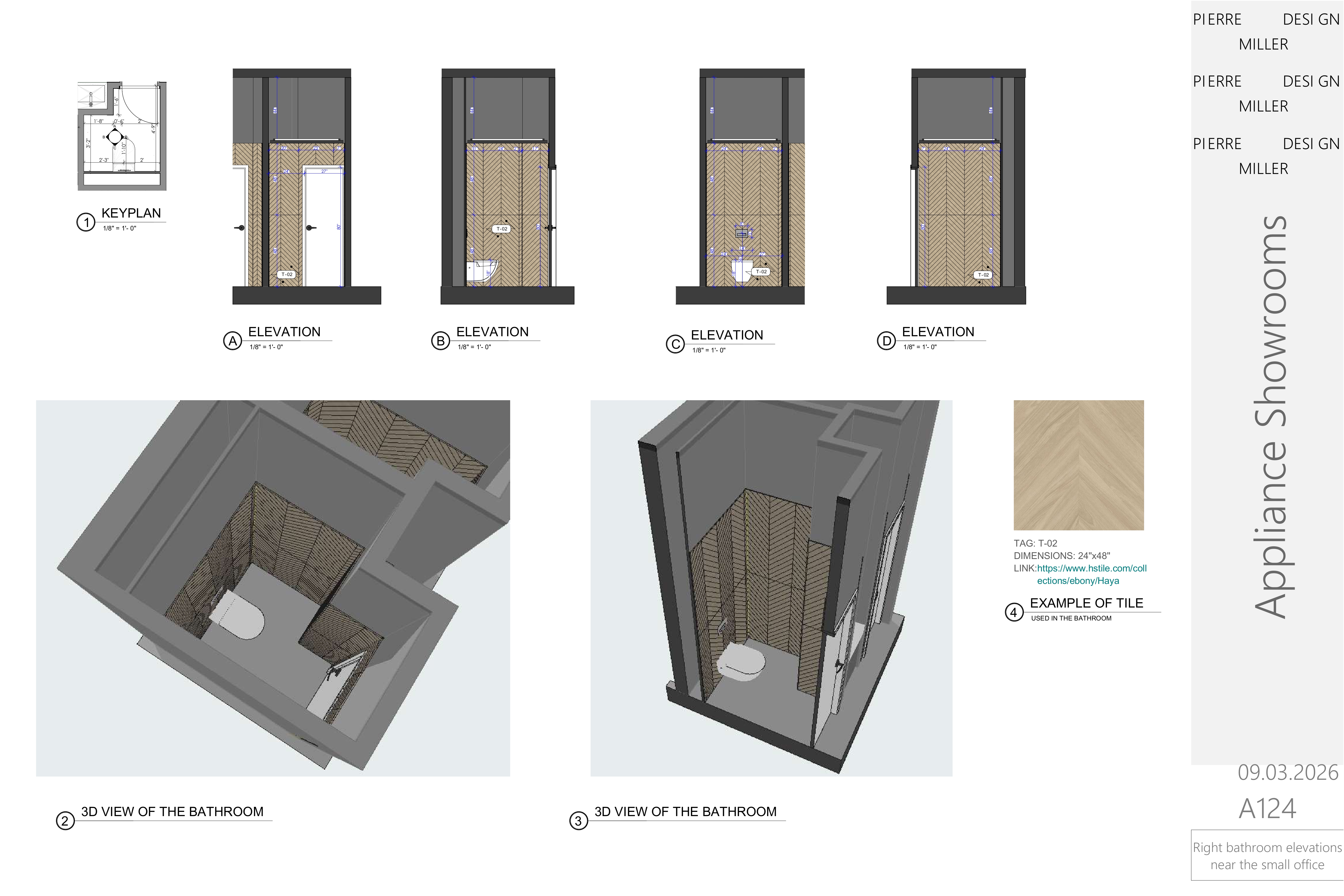 Right bathroom drawing sheet near the small office, with a keyplan, four wall elevations, two 3D views of the chevron-tiled room and a tile sample callout