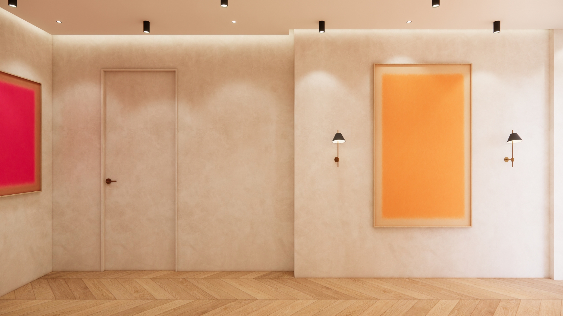 Corridor wall in soft plaster with a framed orange colour-field artwork between paired black-and-brass wall lights, a flush plaster door with a bronze handle and chevron oak flooring