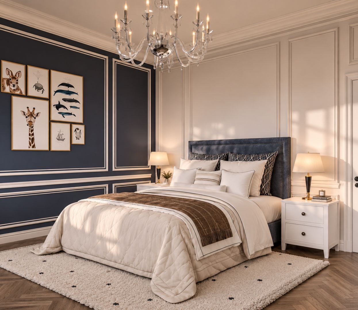 Guest bedroom with a navy panelled accent wall, a navy velvet headboard, quilted ivory coverlet with a chocolate throw, white bedside chests with brass lamps and a crystal chandelier over herringbone oak