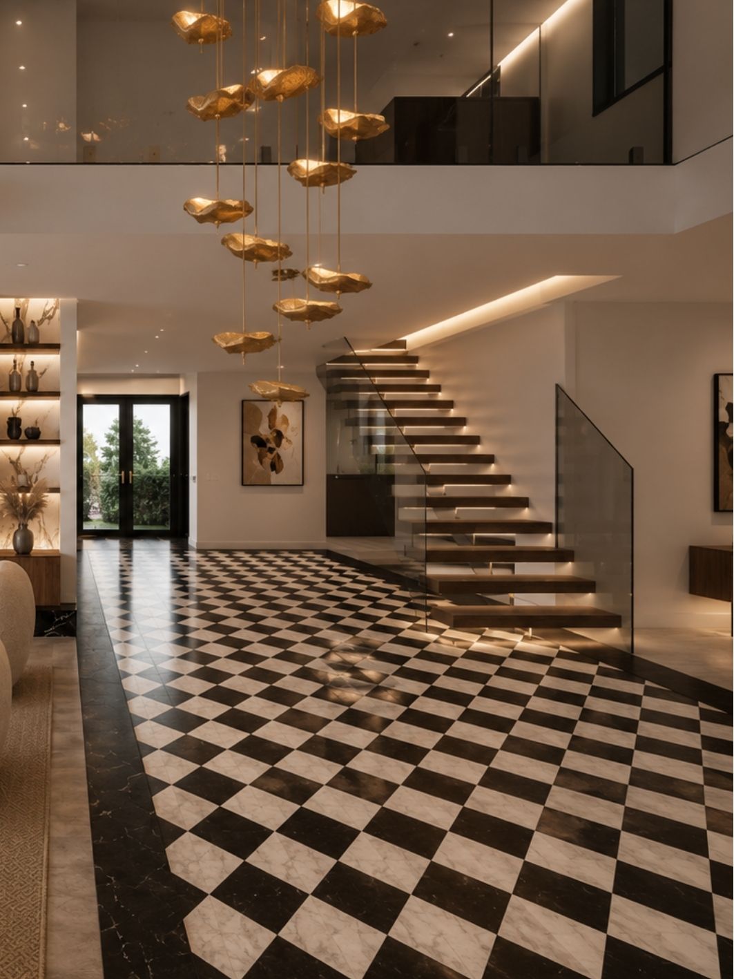 Double-height entry hall with a chequerboard marble floor, cascading gilded-leaf chandelier, cantilevered oak staircase with a frameless glass balustrade and black-framed glazed doors onto the garden