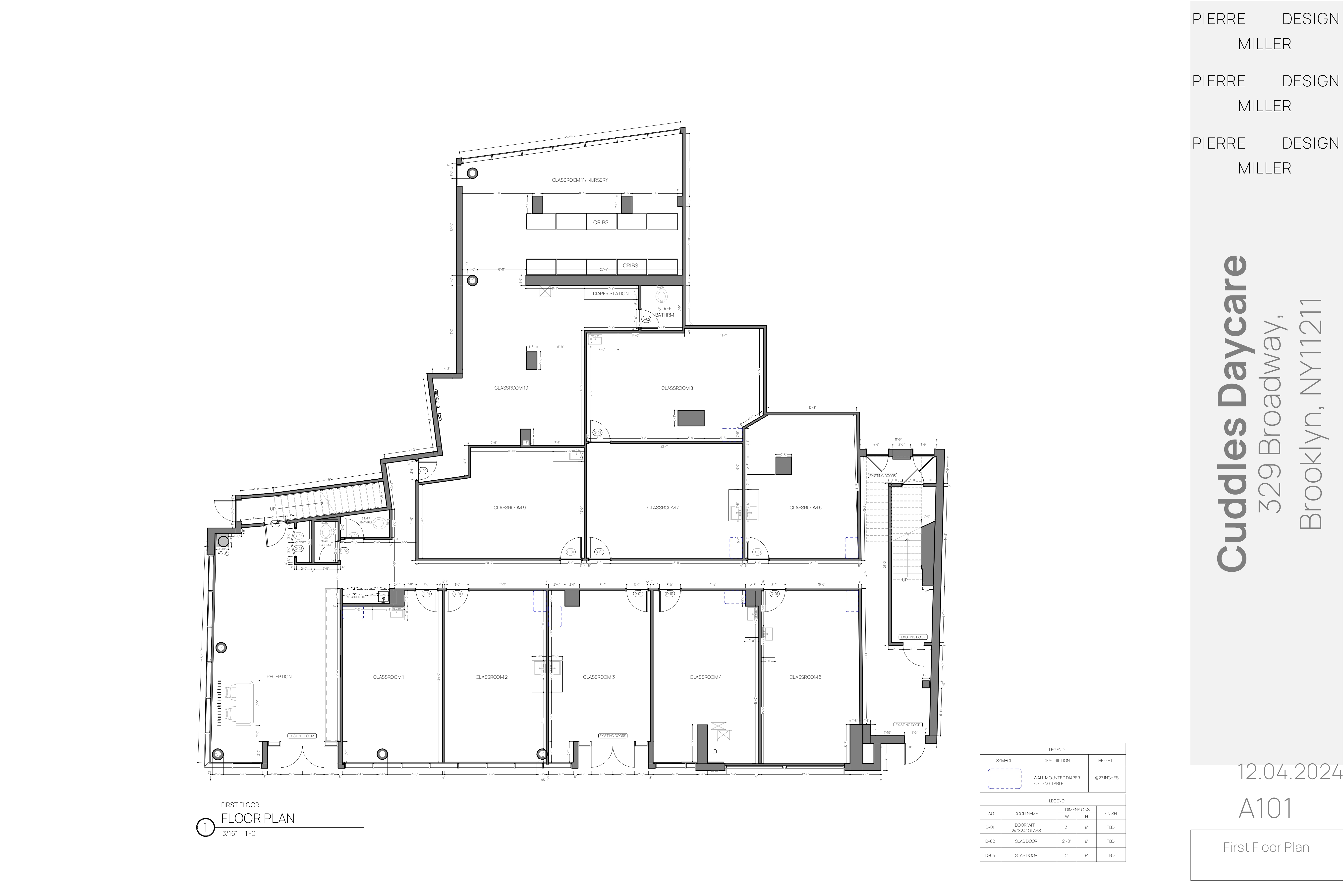Drawing A101 — first floor plan showing reception, six classrooms, a nursery with cribs and diaper station, stairs and elevators, with door and legend schedules