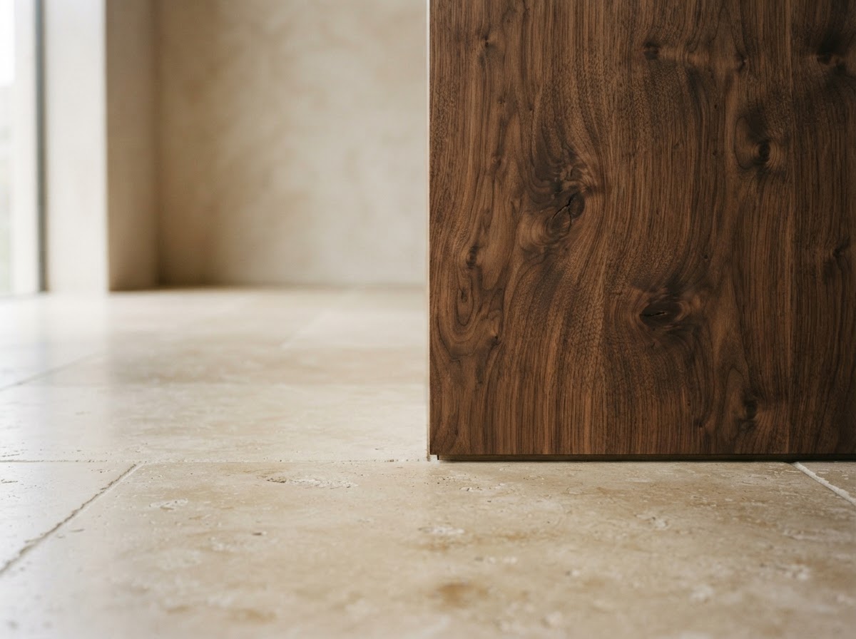 A close study of honed stone meeting a walnut wall, showing the precision of the joint and the grain of the timber