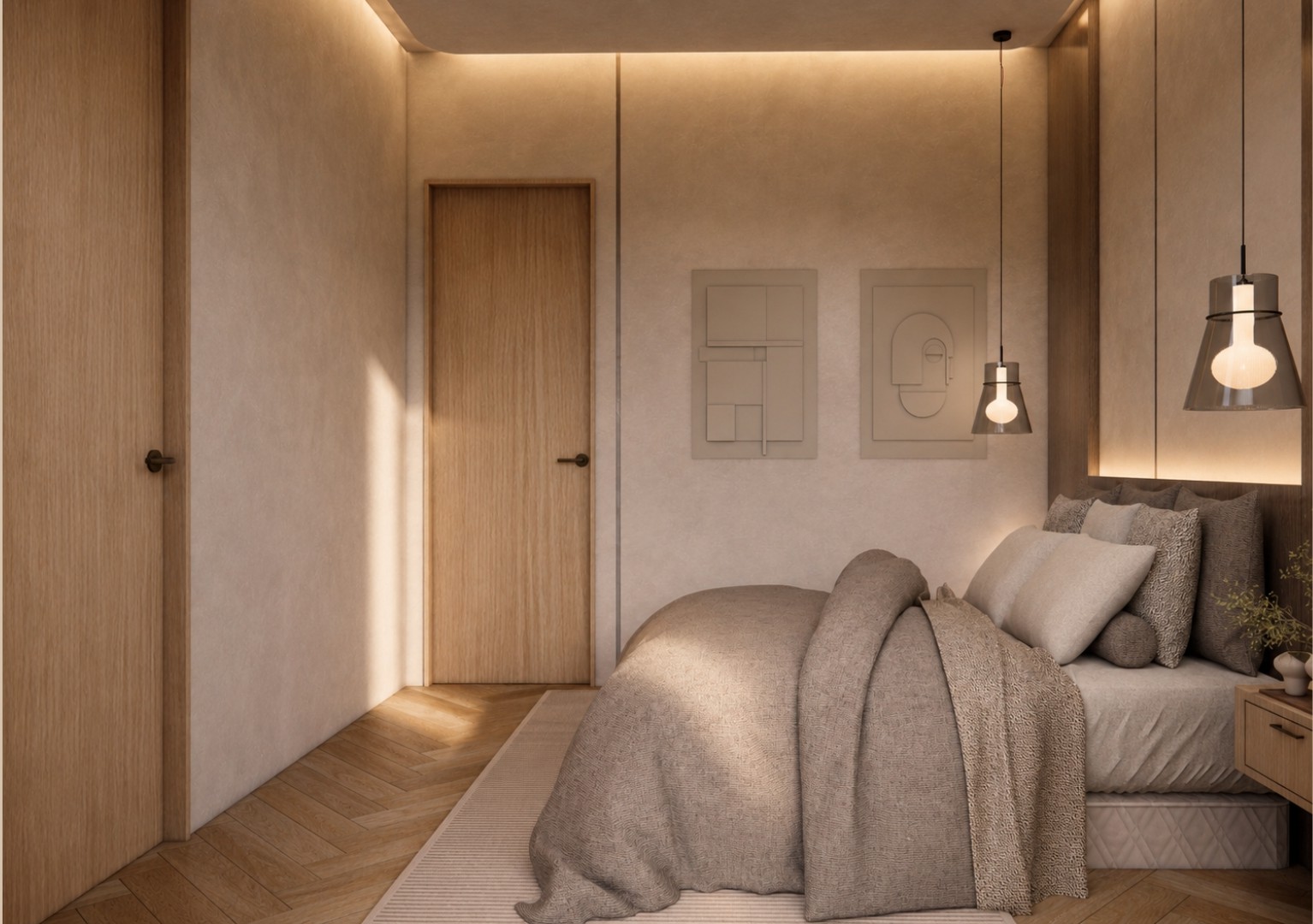 Bedroom corner in soft plaster and pale oak with a flush oak door, two framed line-relief artworks, bouclé cushions and throw on the bed and conical glass pendants over herringbone flooring