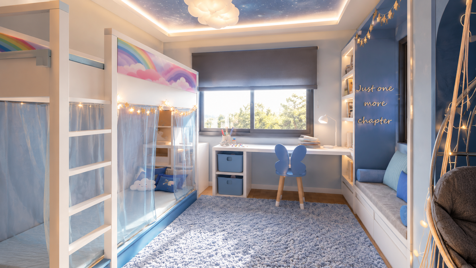 Wide view of the blue child's bedroom with the bunk bed and rainbow panel, desk under the window, LED-framed window seat with neon 'Just one more chapter' lettering and a hanging chair with fairy lights