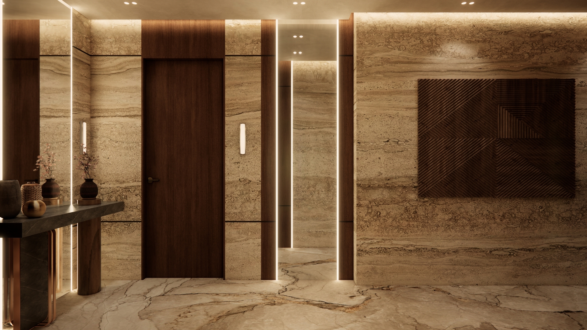 Lift landing in travertine with a dark walnut door, vertical LED sconces, a sculptural carved timber relief artwork and a stone console with ceramics on a veined marble floor