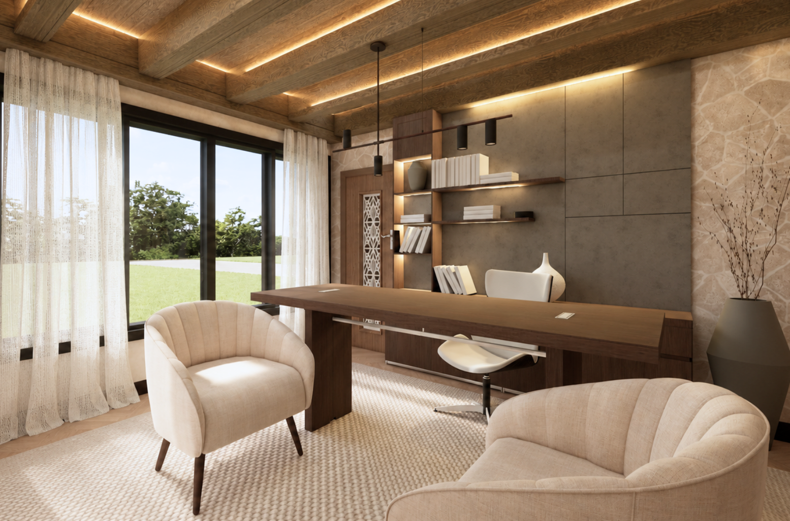 Wide study view with a long timber desk, white ergonomic chair and two cream armchairs on a textured rug, a backlit bookshelf and dark textured feature panel, a fretwork-panelled door, full-height sheer-curtained glazing onto a lawn, a linear cylindrical pendant and a tall dark vase of branches beside stone cladding under exposed timber beams