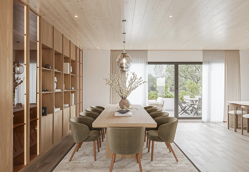 Warm wood-panelled dining room with an oak table, olive velvet chairs, illuminated display joinery and full-height glazing onto a terrace