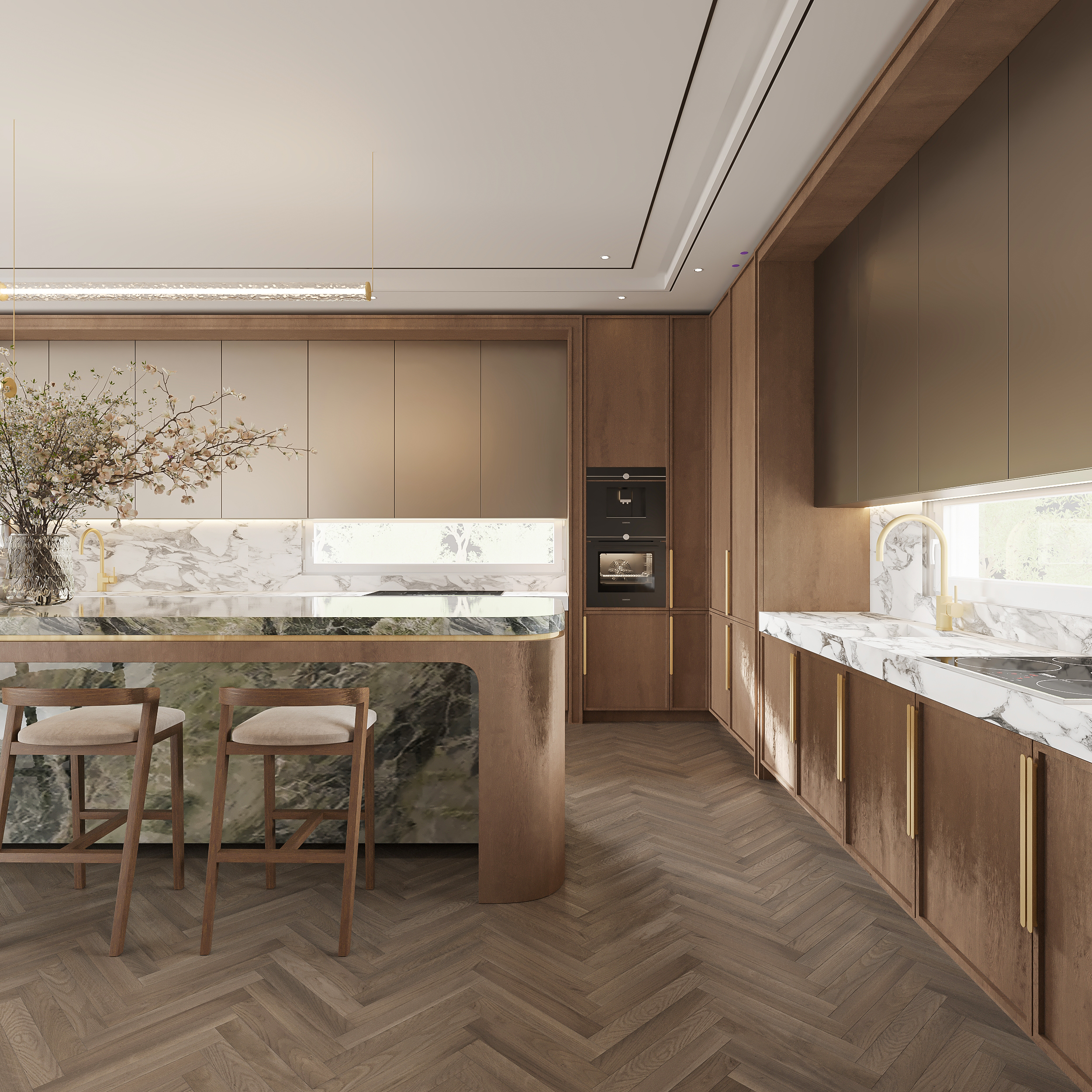 Walnut kitchen run with marble worktops and backsplash, brass tapware, warm undercabinet lighting, integrated ovens and the green marble island with bar stools in the foreground