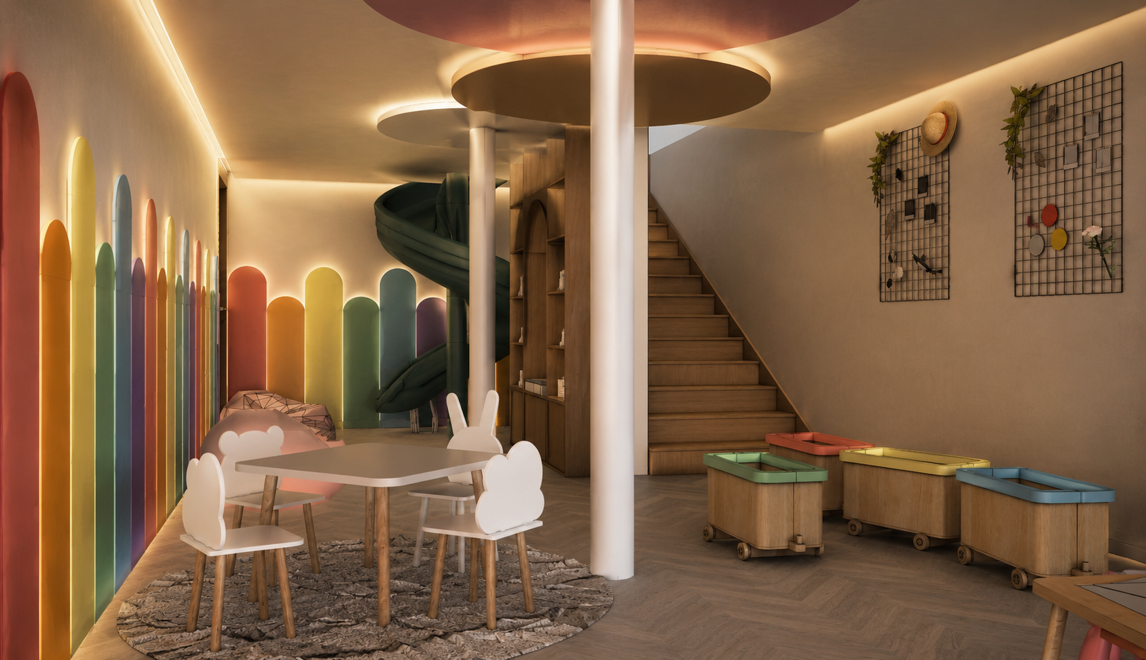 Playroom with a rainbow arched panelled wall, cove-lit circular ceiling discs, a green tube slide, oak display joinery and cloud-backed chairs at a low table on a round shaggy rug