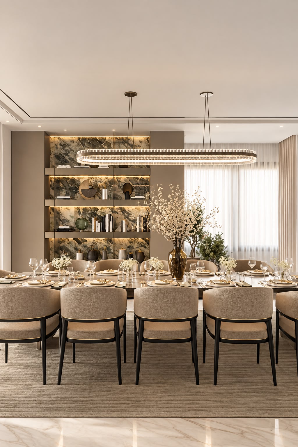 Symmetrical dining room with a long table set for guests in sand-colored upholstered chairs with dark wood frames, a dark amber glass vase of white flowering branches at the center, an oval textured glass-block linear chandelier above, three warm-lit recessed marble-backed shelves with books and sculptures behind and a wall of sheer-curtained floor-to-ceiling windows to the side over a textured rug and polished marble floor