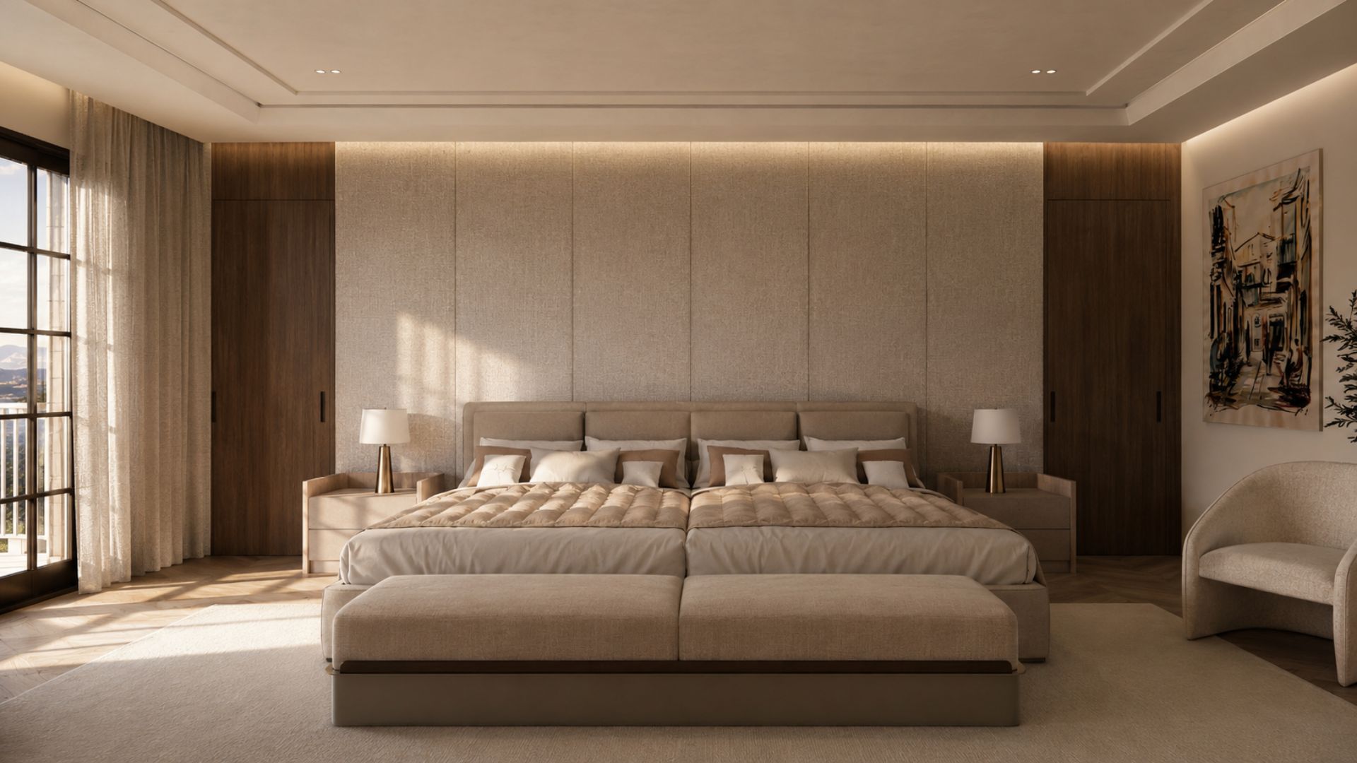 Primary bedroom with a full-width upholstered linen headboard wall and cove lighting, dark timber wardrobe joinery either side, quilted caramel bedding and an upholstered bench at the foot