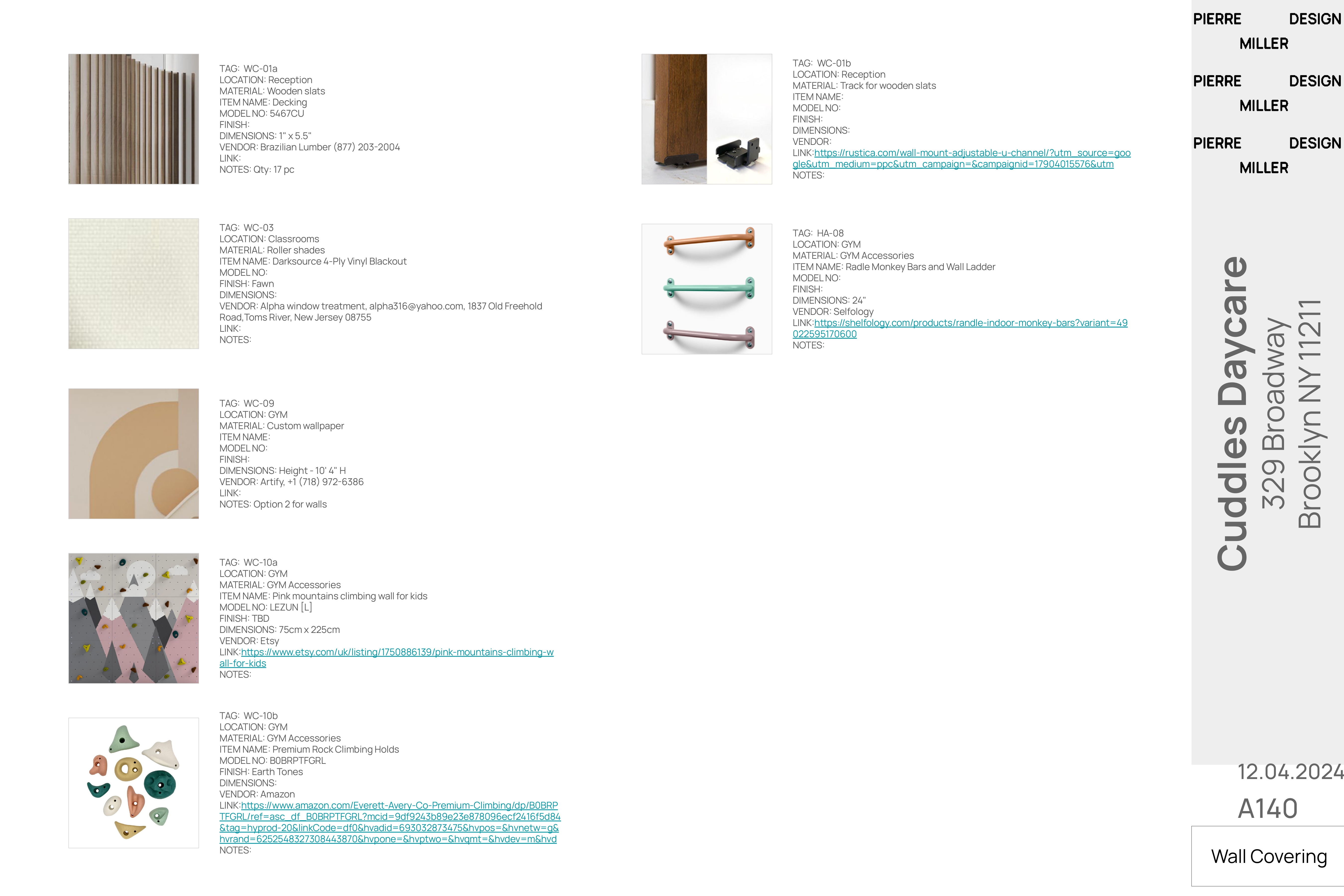 Drawing A140 — wall covering schedule with reception wooden slats and mounting track, blackout roller shades, custom gym wallpaper, pink mountain climbing wall, earth-toned climbing holds and monkey bars with wall ladder