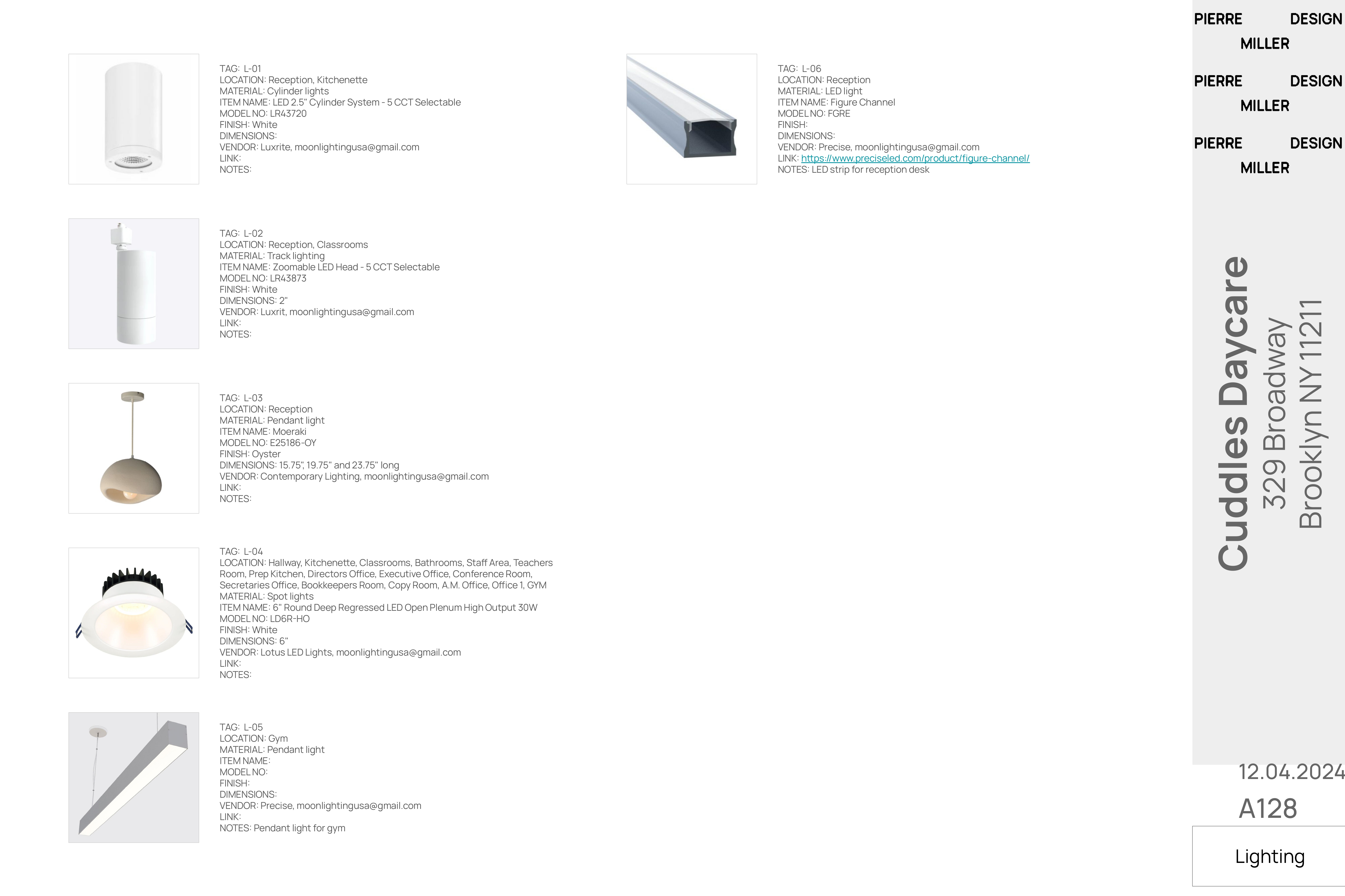Drawing A128 — lighting schedule with product photographs for cylinder downlights, zoomable track heads, a Moeraki pendant, recessed spot lights, a linear gym pendant and an LED figure channel for the reception desk