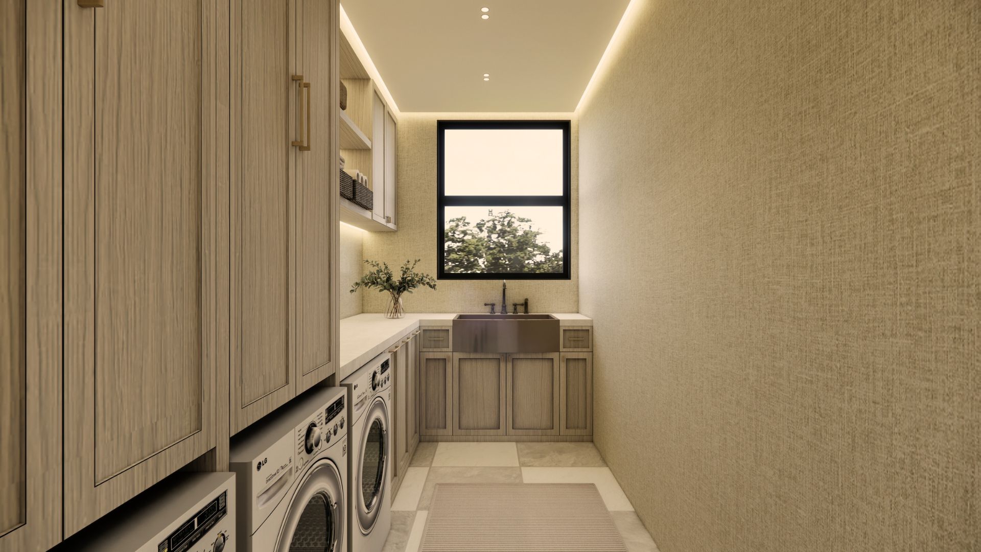 Long view down the laundry room with oak cabinetry and stacked machines, stone worktops, a bronze apron sink under a black-framed window and a runner on marble tiled flooring
