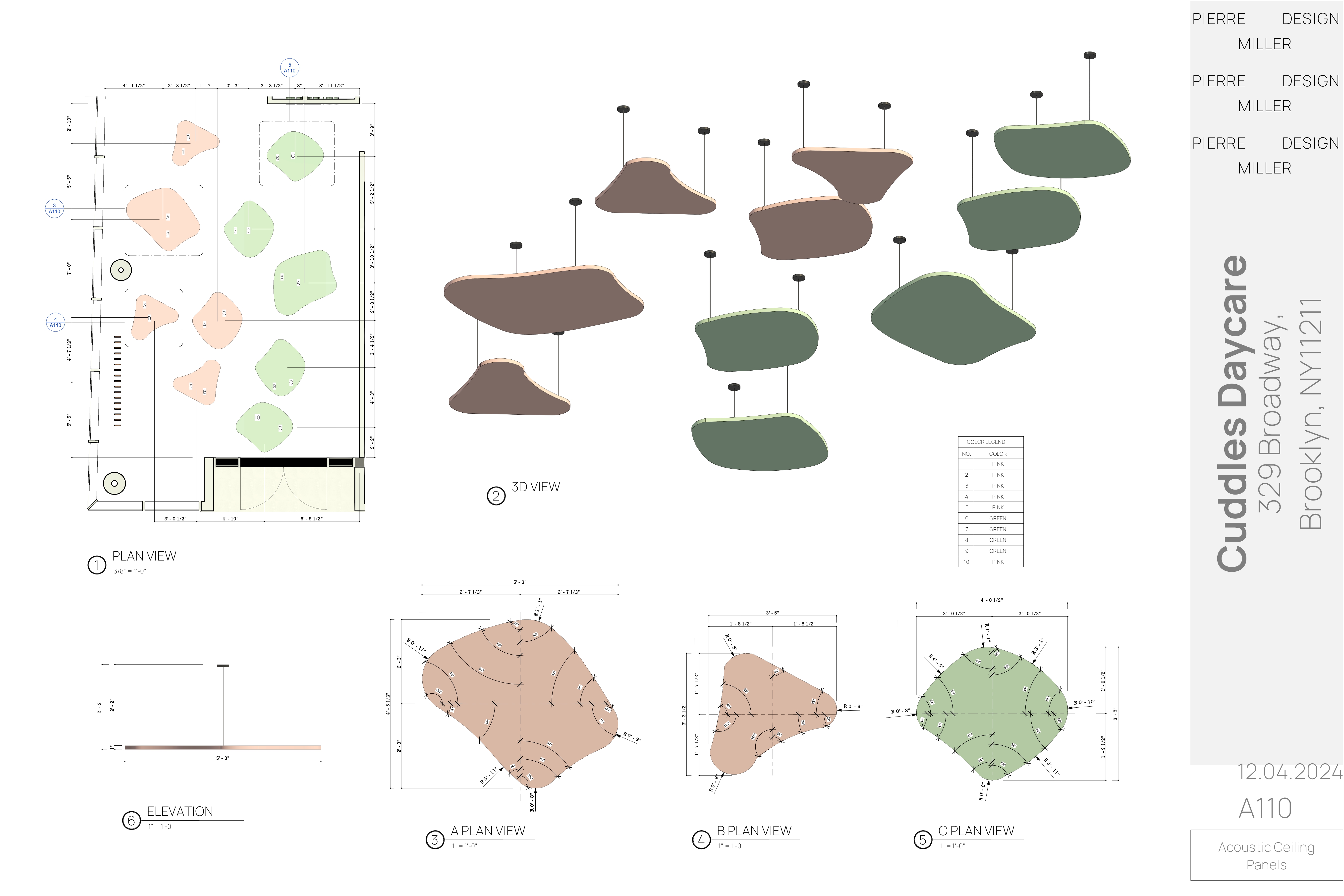 Drawing A110 — acoustic ceiling panels sheet with plan view, suspended 3D view of pink and green organic-shaped panels, dimensioned A, B and C plan views, elevation and colour legend
