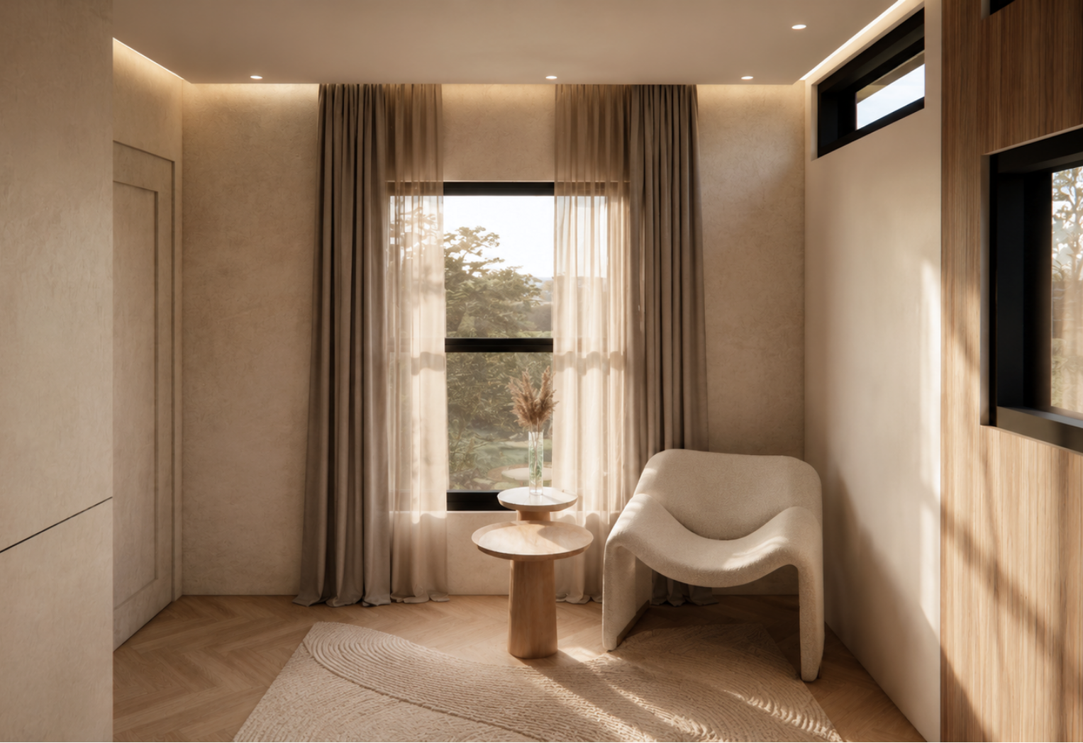 Corner seating area with a cream bouclé armchair beside a two-tiered wood side table holding a glass vase of dried branches, sheer floor-to-ceiling curtains at a window, a vertical wood panel strip and herringbone oak flooring under a woven rug