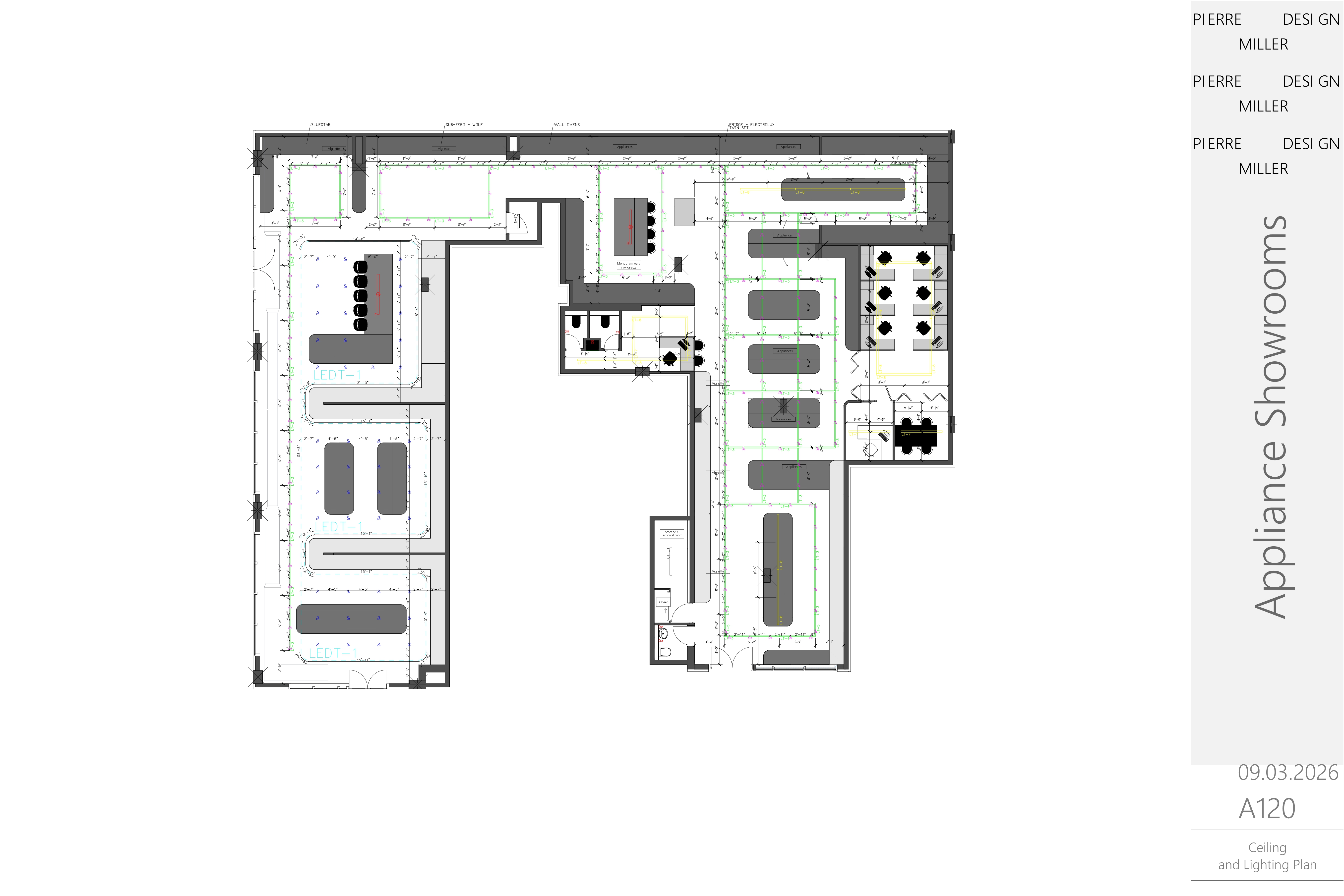 Second ceiling and lighting plan sheet with fully dimensioned track layouts, fixture tags and circuiting across the showroom, meeting room and back-of-house areas