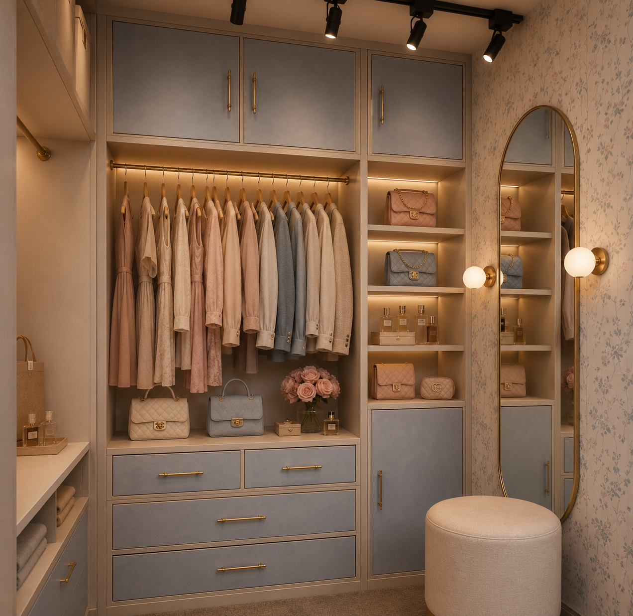 Girl's dressing room in cream and powder-blue joinery with brass pulls, an LED-lit hanging rail of blush and grey clothing, lit display shelving of handbags and perfumes, floral wallpaper, an arched brass mirror with globe sconces and a round boucle stool