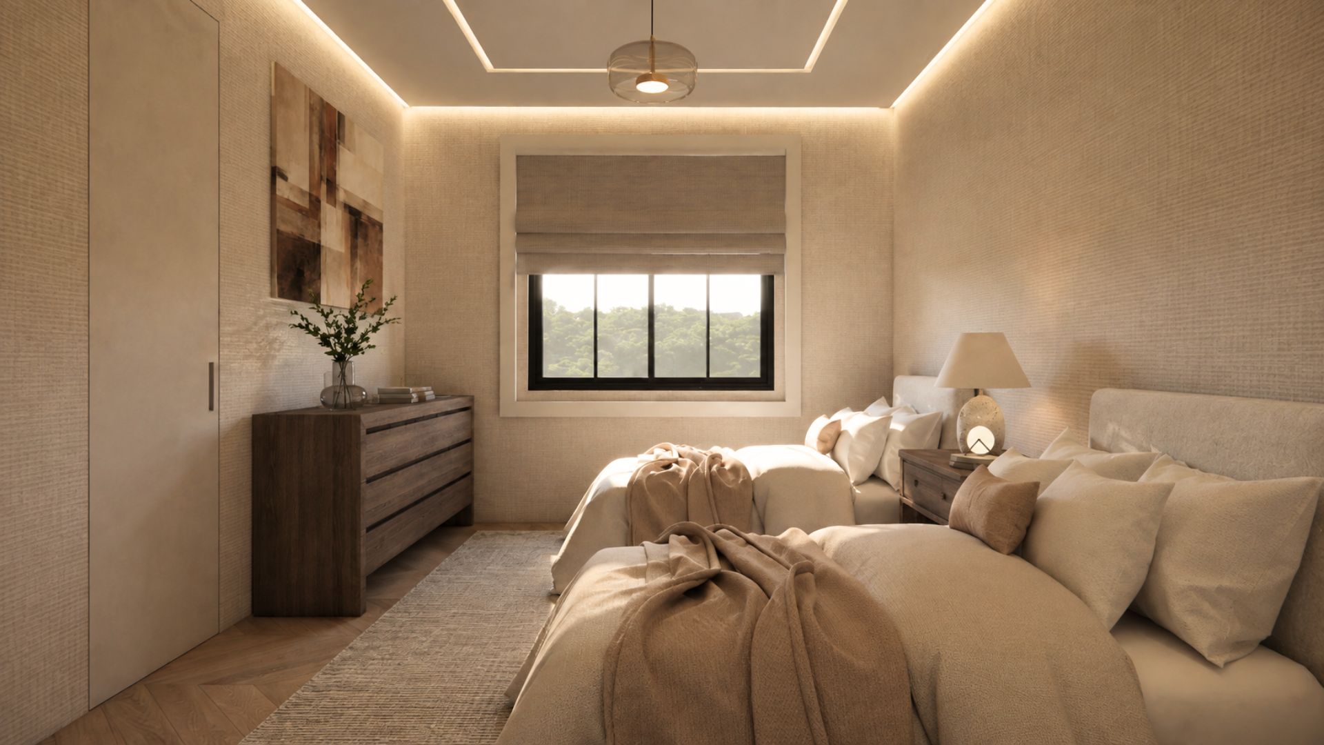 Twin bedroom with a dark oak chest of drawers, framed abstract artwork, linen-wrapped walls, caramel throws over ivory bedding and a black-framed window with a roman blind
