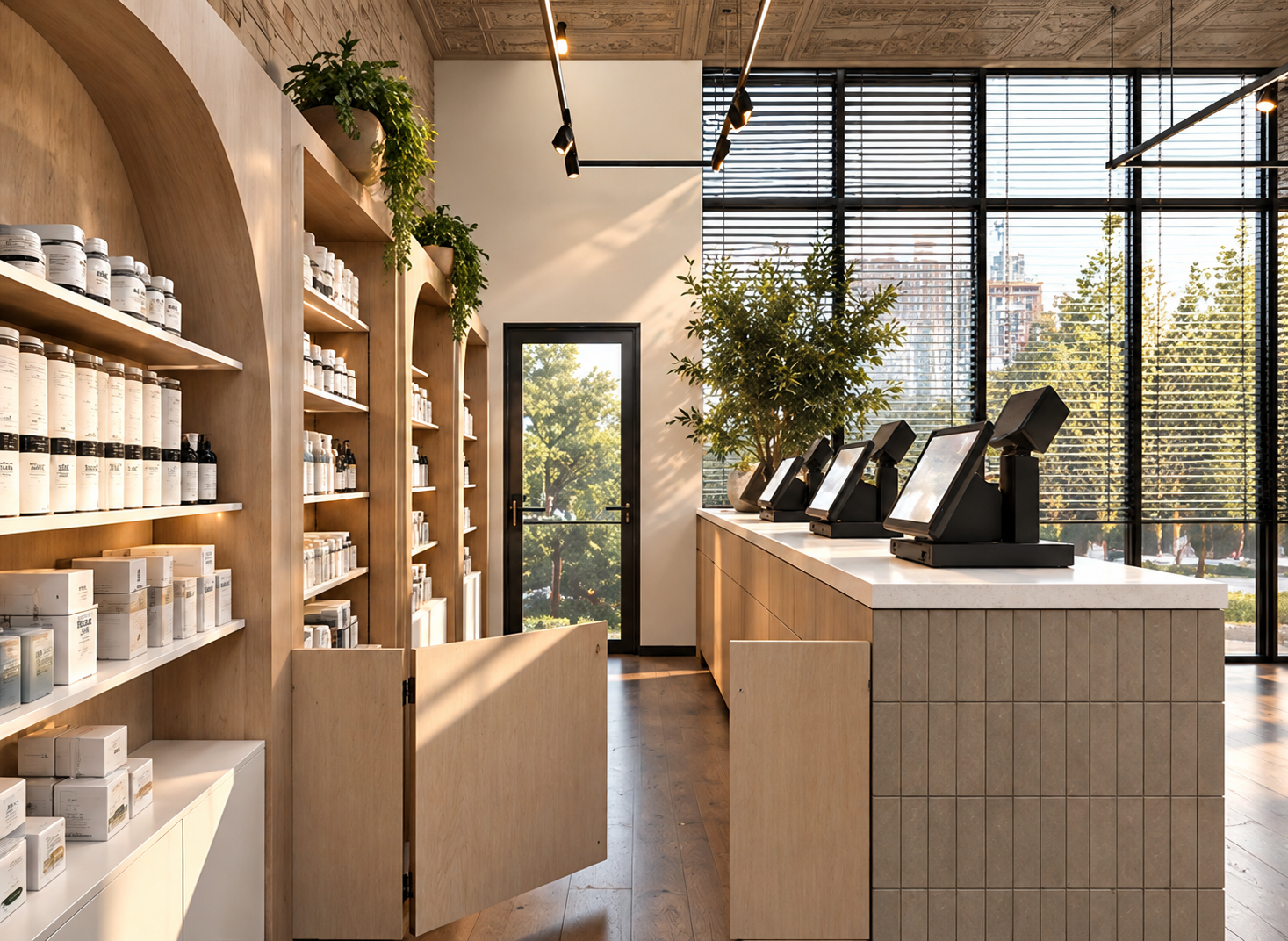 Pharmacy interior with tall arched light-wood shelving filled with white apothecary bottles, a long service counter in light-grey vertical tile with an off-white top and three POS terminals, a black-framed glass window wall with blinds onto trees and warm golden-hour light across the dark hardwood floor