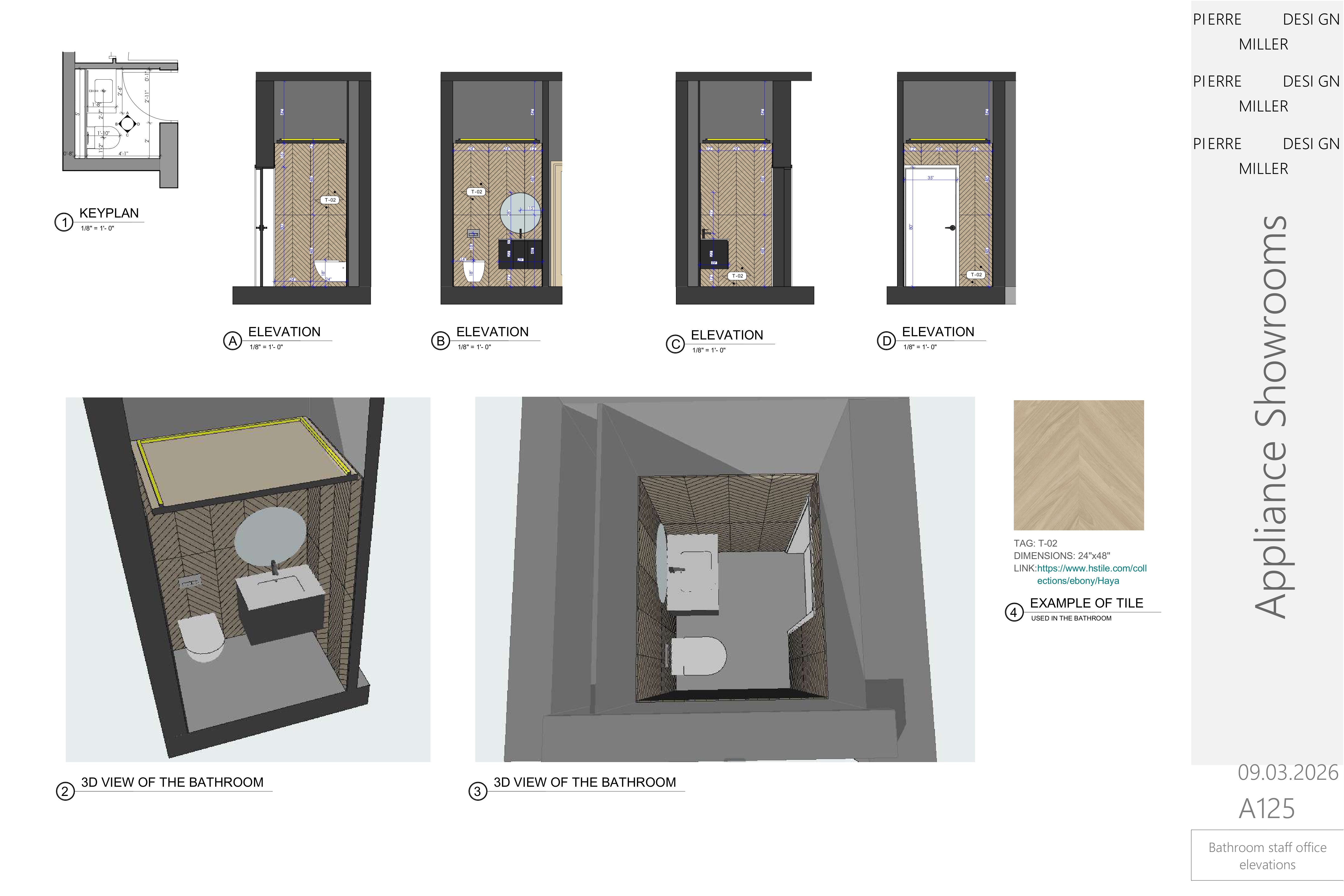 Staff bathroom drawing sheet with a keyplan, four wall elevations, two 3D views of the chevron-tiled bathroom and a tile sample callout