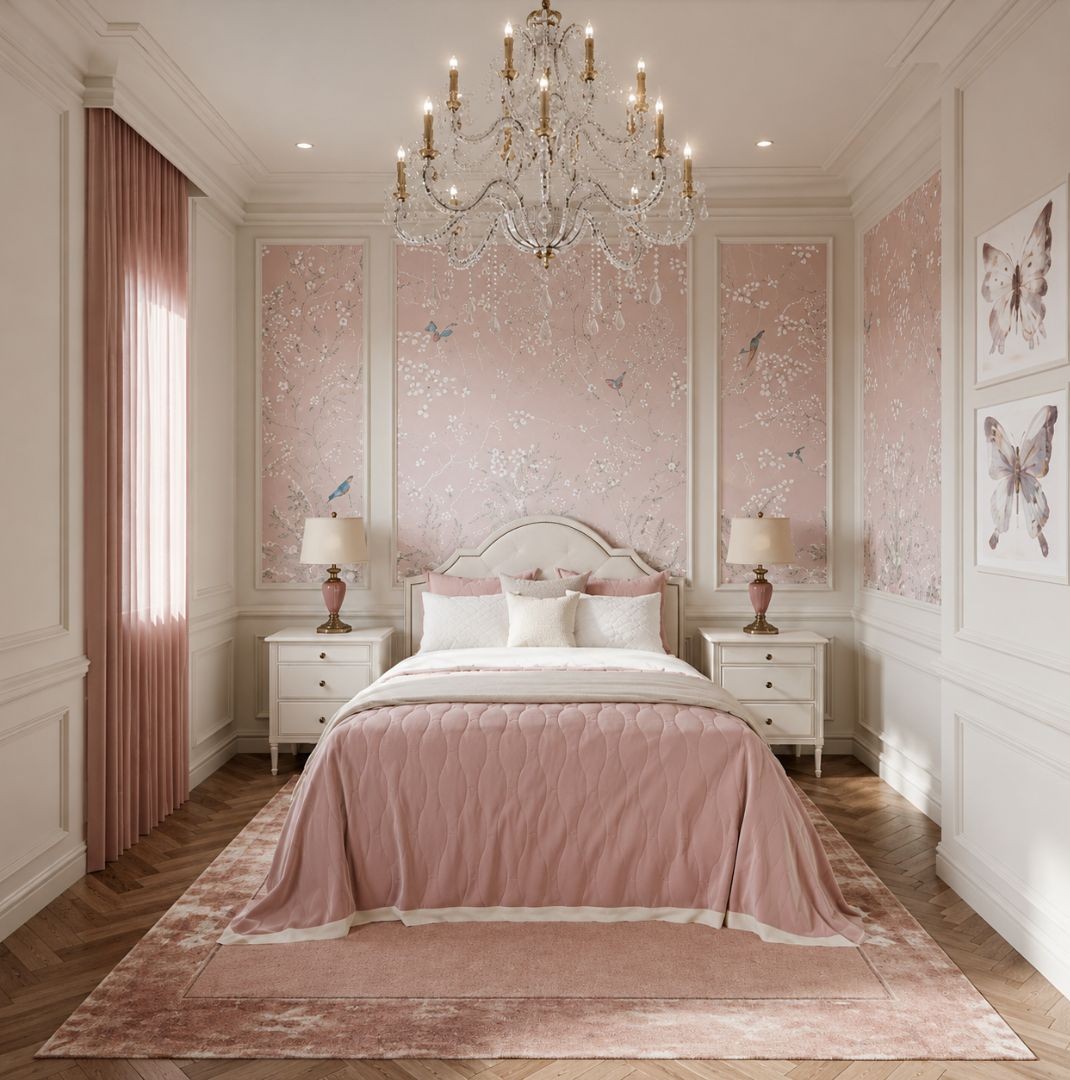 Girl's bedroom with blush chinoiserie blossom and bird wallpaper panels, a curved cream headboard, quilted rose coverlet, painted nightstands with pink ceramic lamps and a crystal candle chandelier