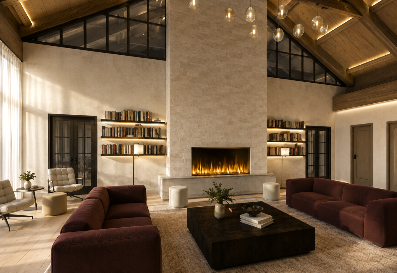 Symmetrical double-height lounge with a full-height stone fireplace and active linear fire, paired deep-burgundy sofas flanking a dark timber coffee table, cream cylindrical ottomans, LED-lit floating bookshelves either side, glass globe pendants and slender floor lamps beneath an exposed timber-beam ceiling