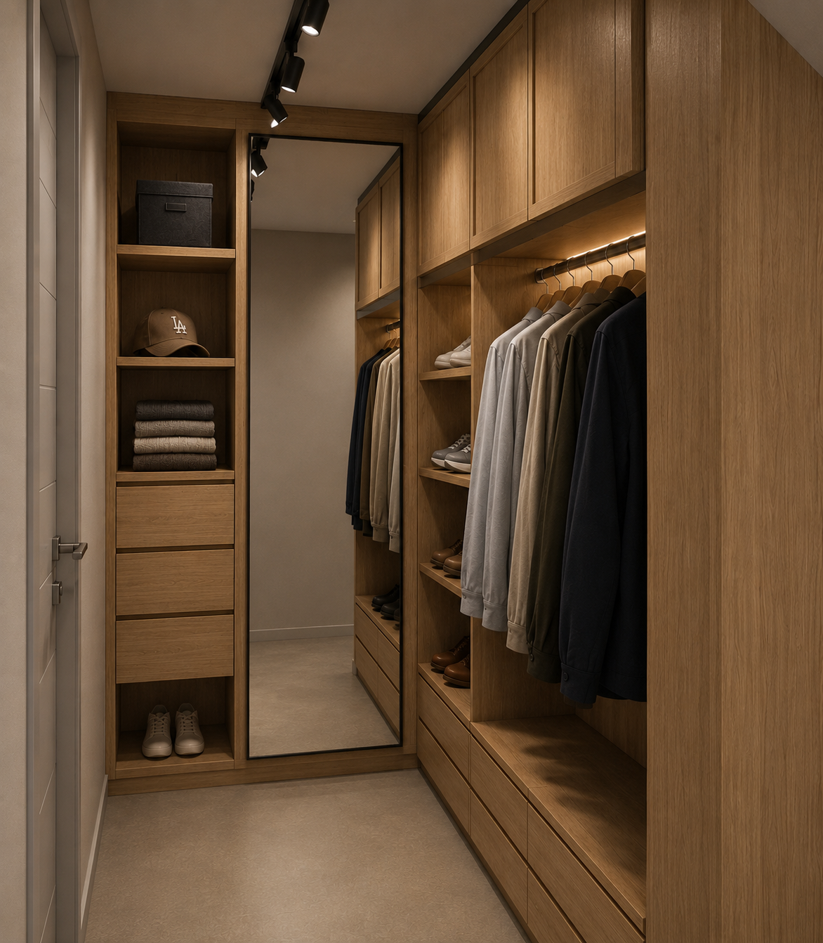 Narrow oak wardrobe corridor with track spotlights, a lit hanging rail, folded knitwear and cap on open shelves, shoe shelving, deep drawers and a tall black-framed mirror