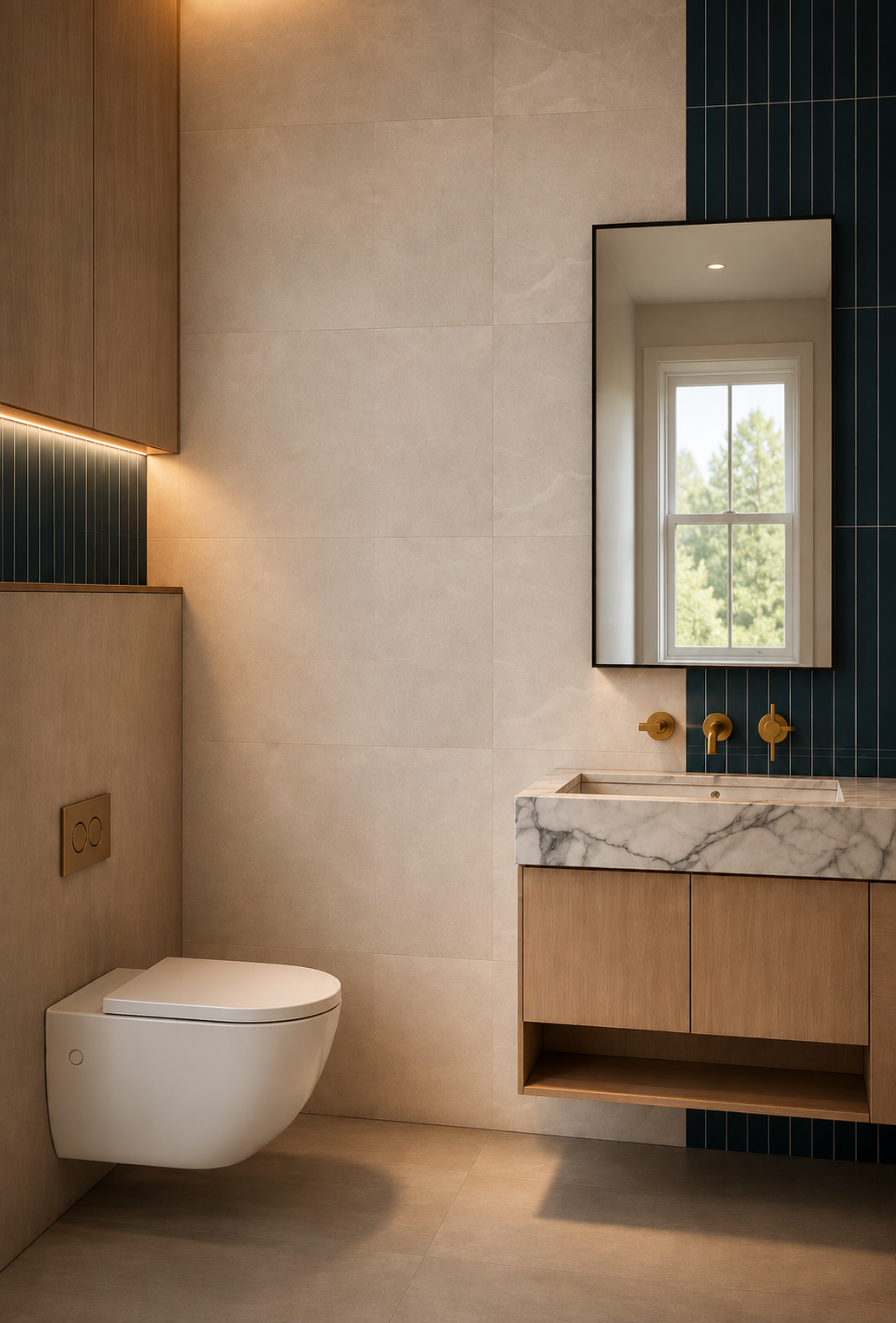 Powder room in large-format limestone with a deep teal fluted tile band, floating oak vanity with a marble basin top, brass wall-mounted taps and a slim black-framed mirror at the window