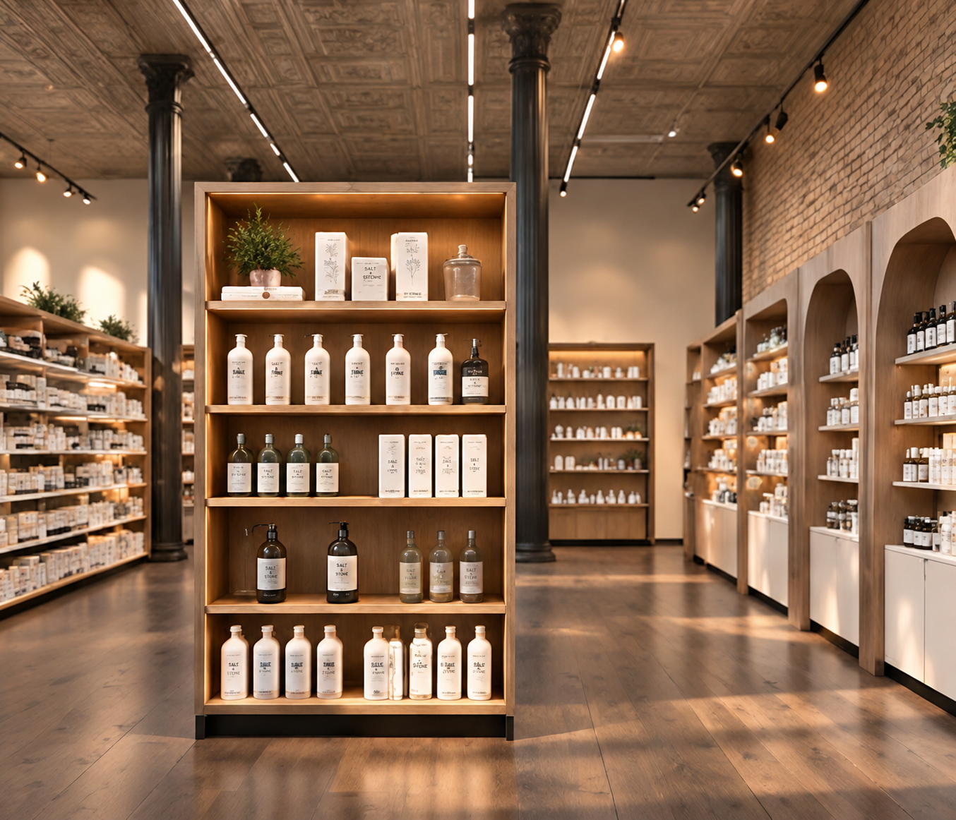 Central free-standing wooden display shelving unit with five LED-lit tiers of white pump bottles, amber glass bottles and product boxes, flanked by dark fluted cylindrical pillars, arched wooden wall alcoves to the right, a pressed-tin ceiling with track lighting and warm wood plank flooring