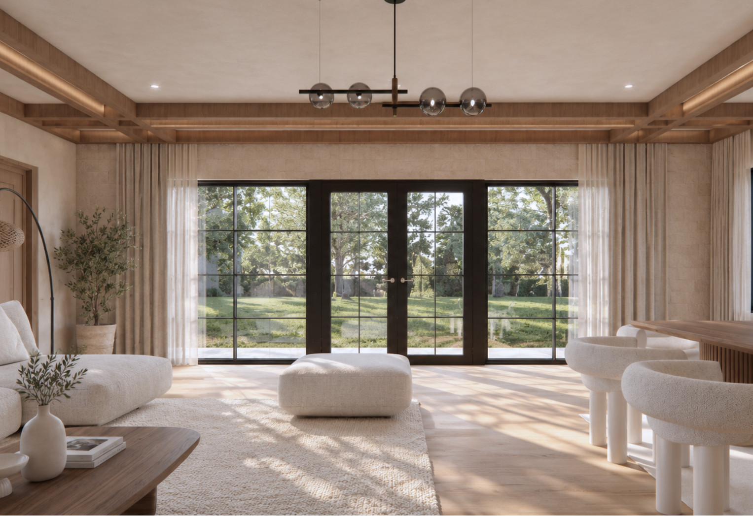 Living area with a multi-pane black-framed glass patio door, cream stone walls, warm oak wood paneling, a curved cream bouclé sofa, a black multi-globe chandelier and herringbone oak flooring with sheer curtains at the windows