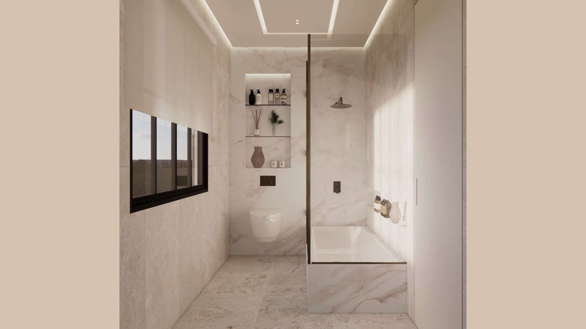 Bathroom lined in pale marble with a marble-clad bath behind a slim glass screen, bronze rainhead, wall-hung WC, backlit display niches and a black-framed ribbon window