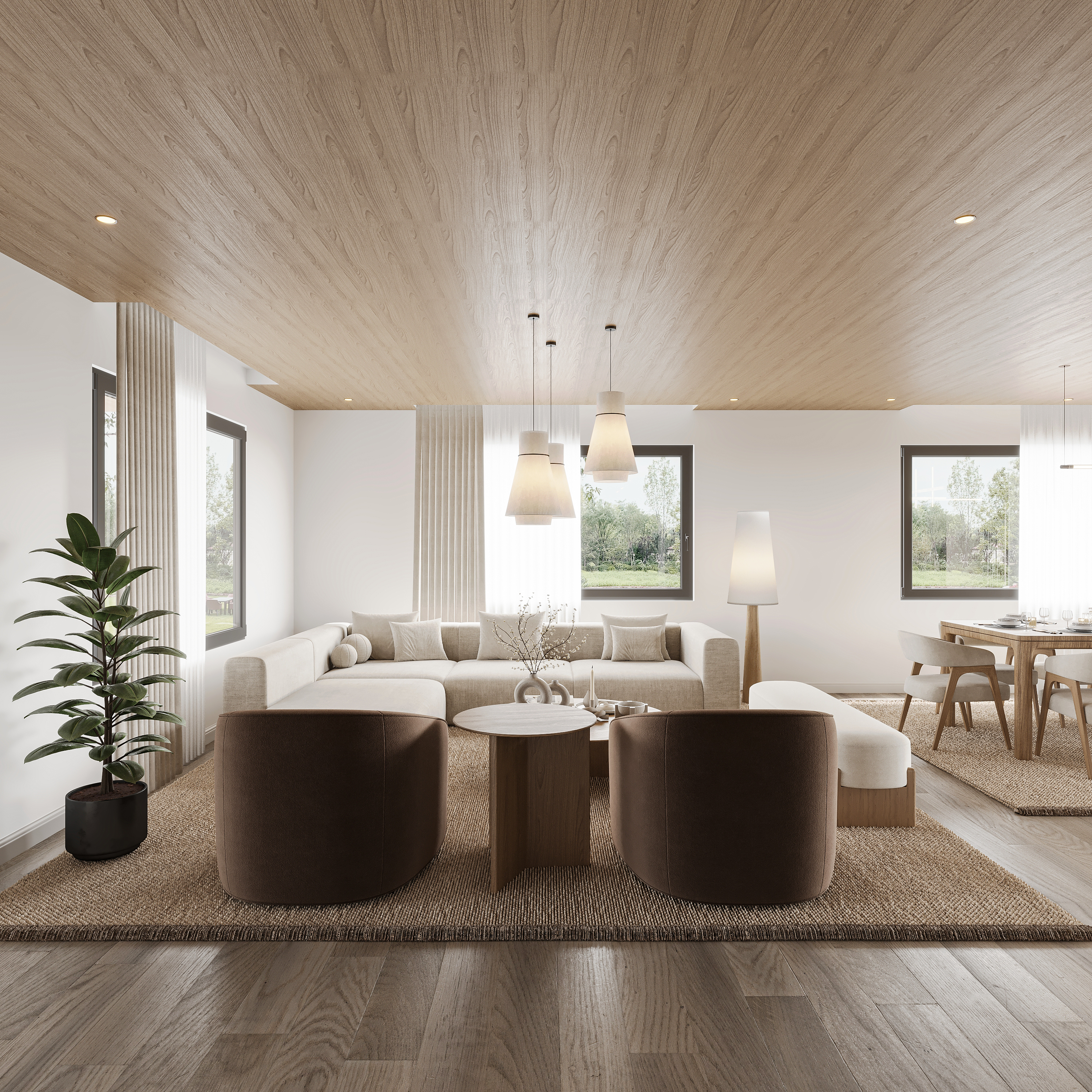 Symmetrical living room with an oak-lined ceiling, ivory sectional between tall curtained windows, two chocolate leather tub chairs, a jute rug, tapered floor lamp and the dining table beyond
