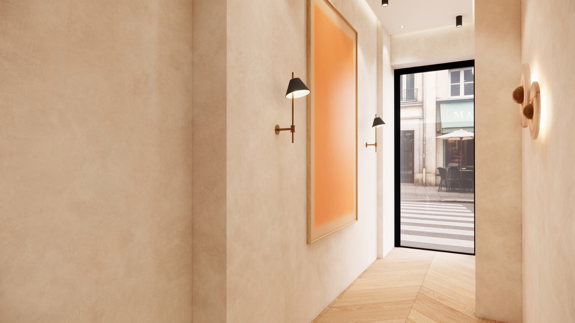 Corridor looking to a black-framed glazed street door, with a framed orange artwork, paired brass wall lights, alabaster disc sconces and chevron oak flooring
