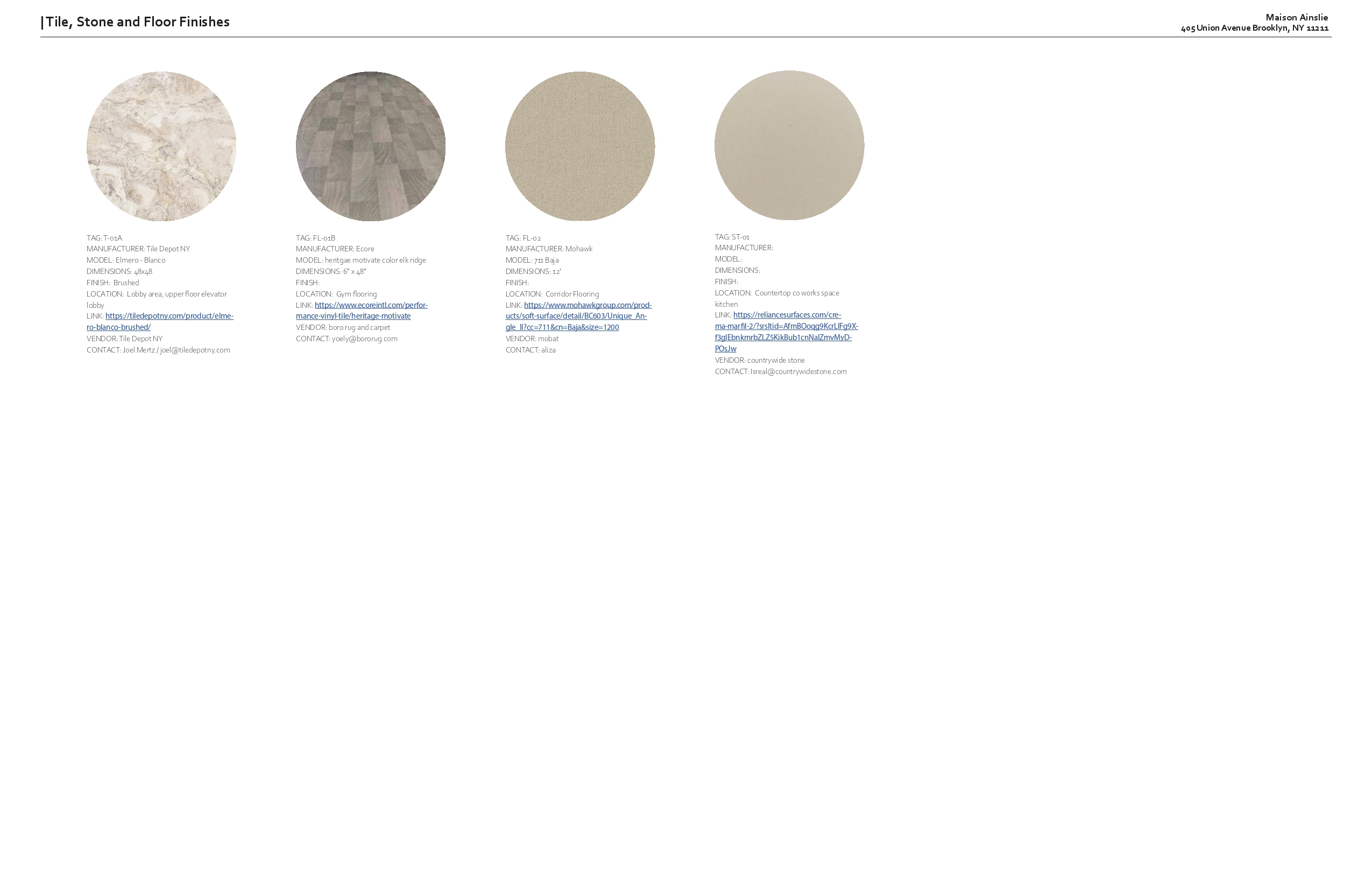 Tile, stone and floor finishes sheet with samples of brushed white marble, herringbone vinyl, corridor carpet and a pale stone countertop, each tagged with manufacturer, model and location