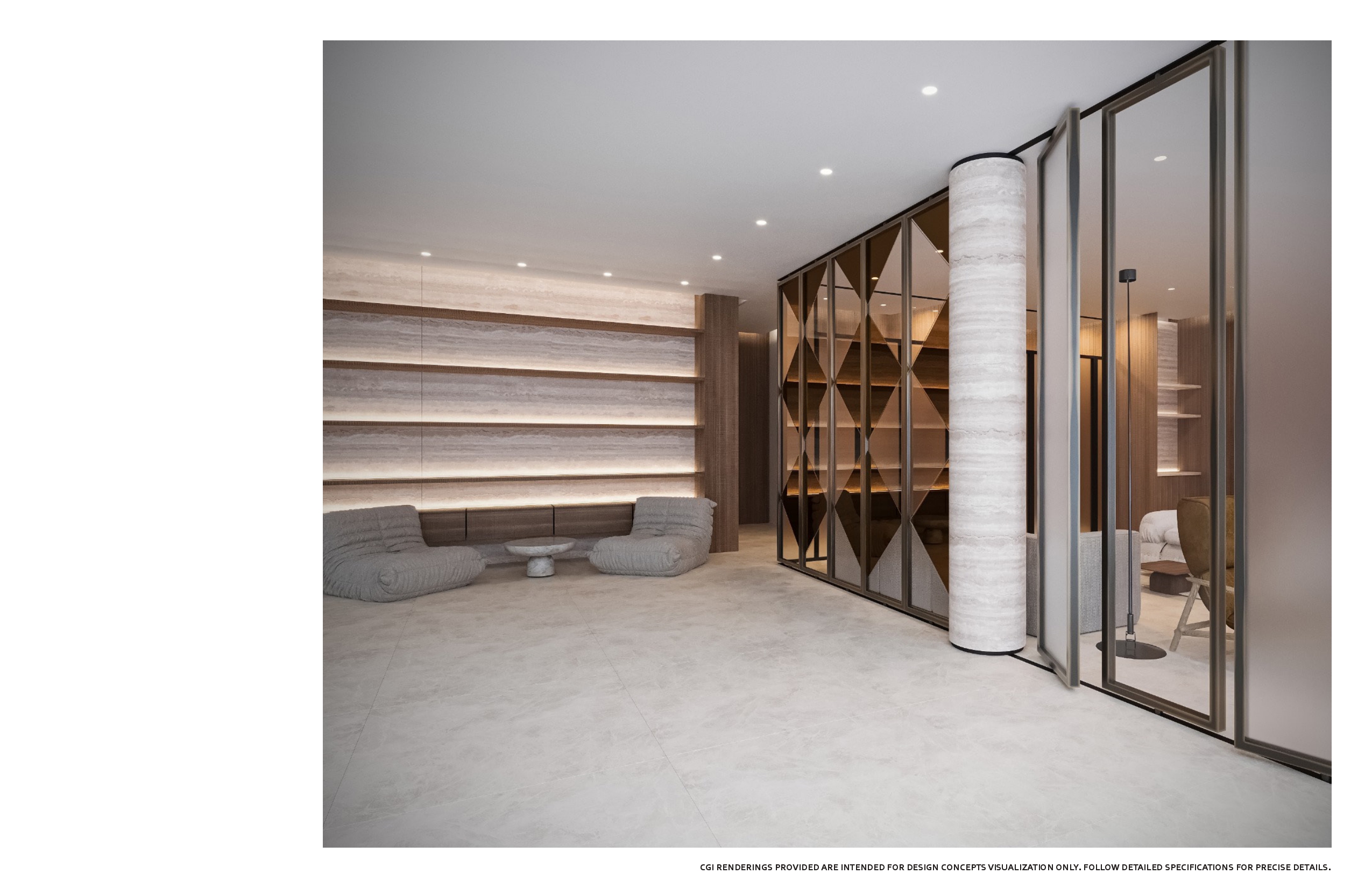 Lobby lounge in travertine with backlit stone shelving, paired grey bean lounge chairs, a low stone table and a curved travertine column beside folding bronze mirrored and fluted glass screens
