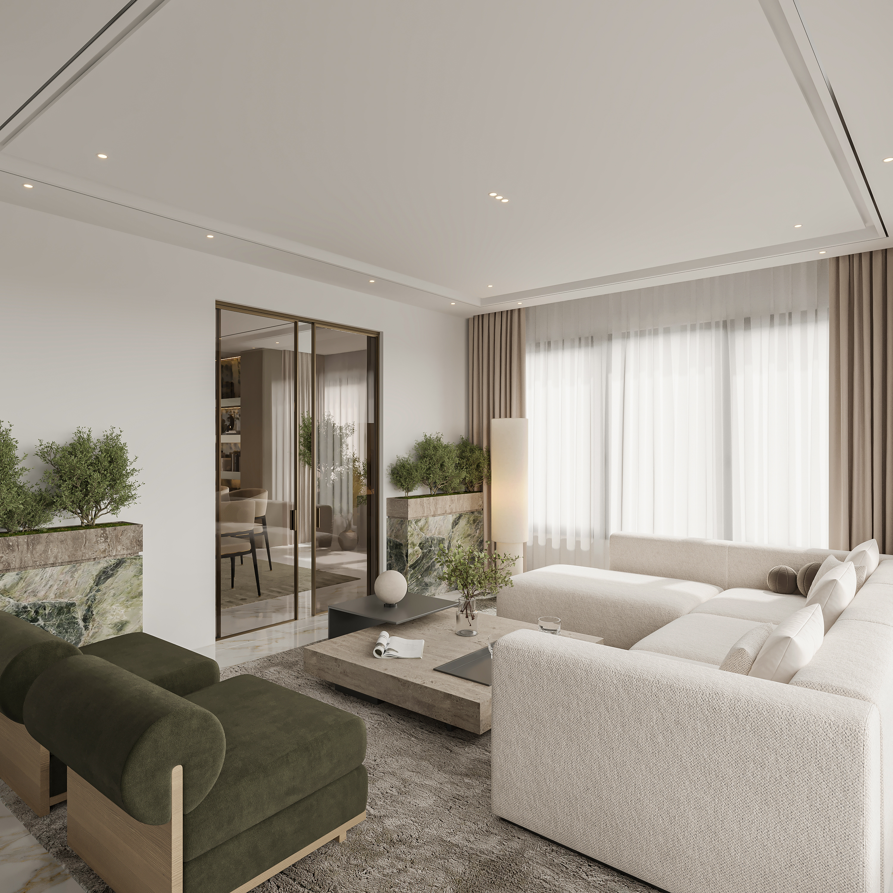 Family room on polished marble flooring with an ivory bouclé sectional, paired olive velvet benches, alabaster floor lamp, travertine coffee table and green marble planters with olive trees