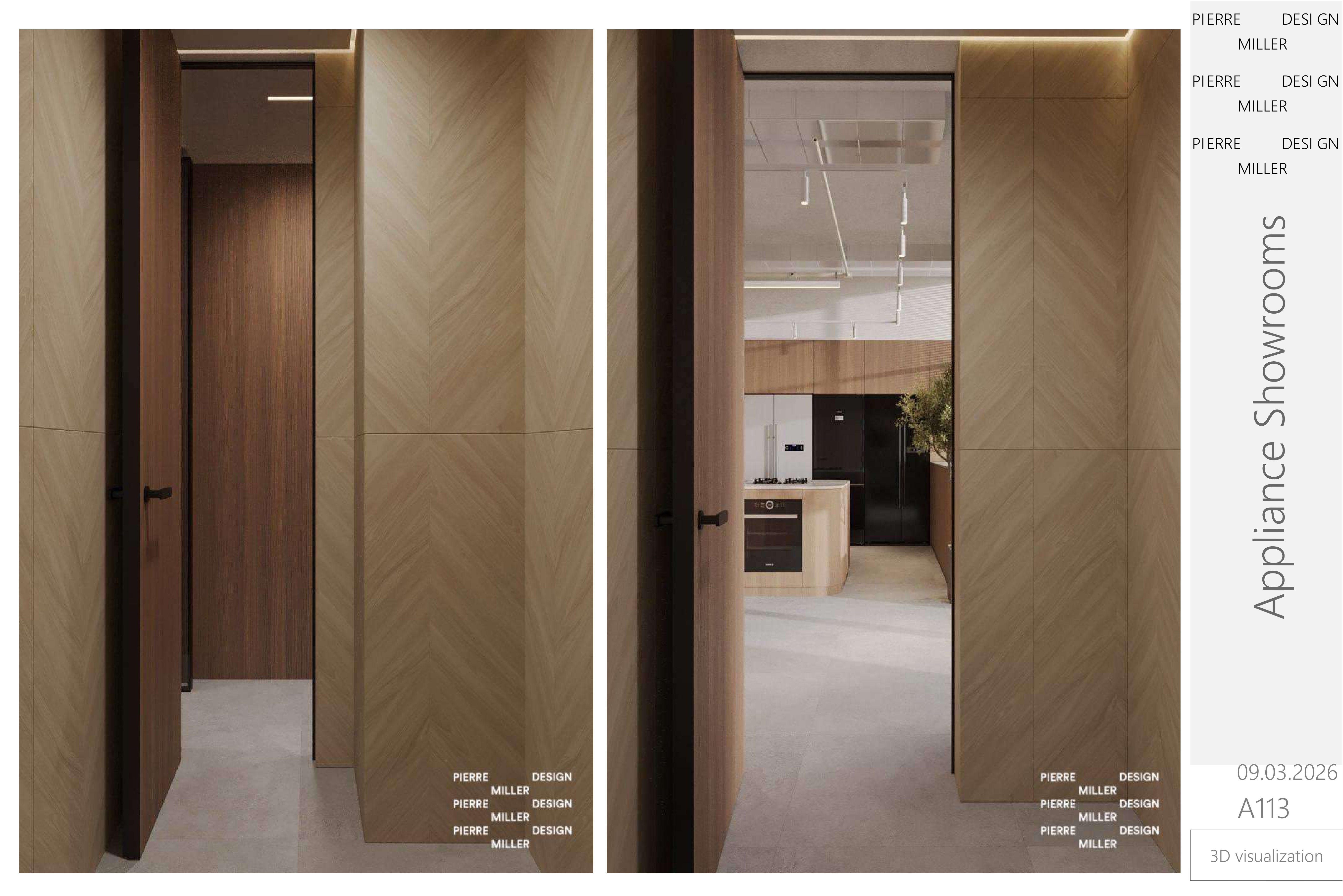Chevron-panelled entry threshold in warm oak with a slim linear ceiling light and a pivot door opening onto the showroom floor beyond