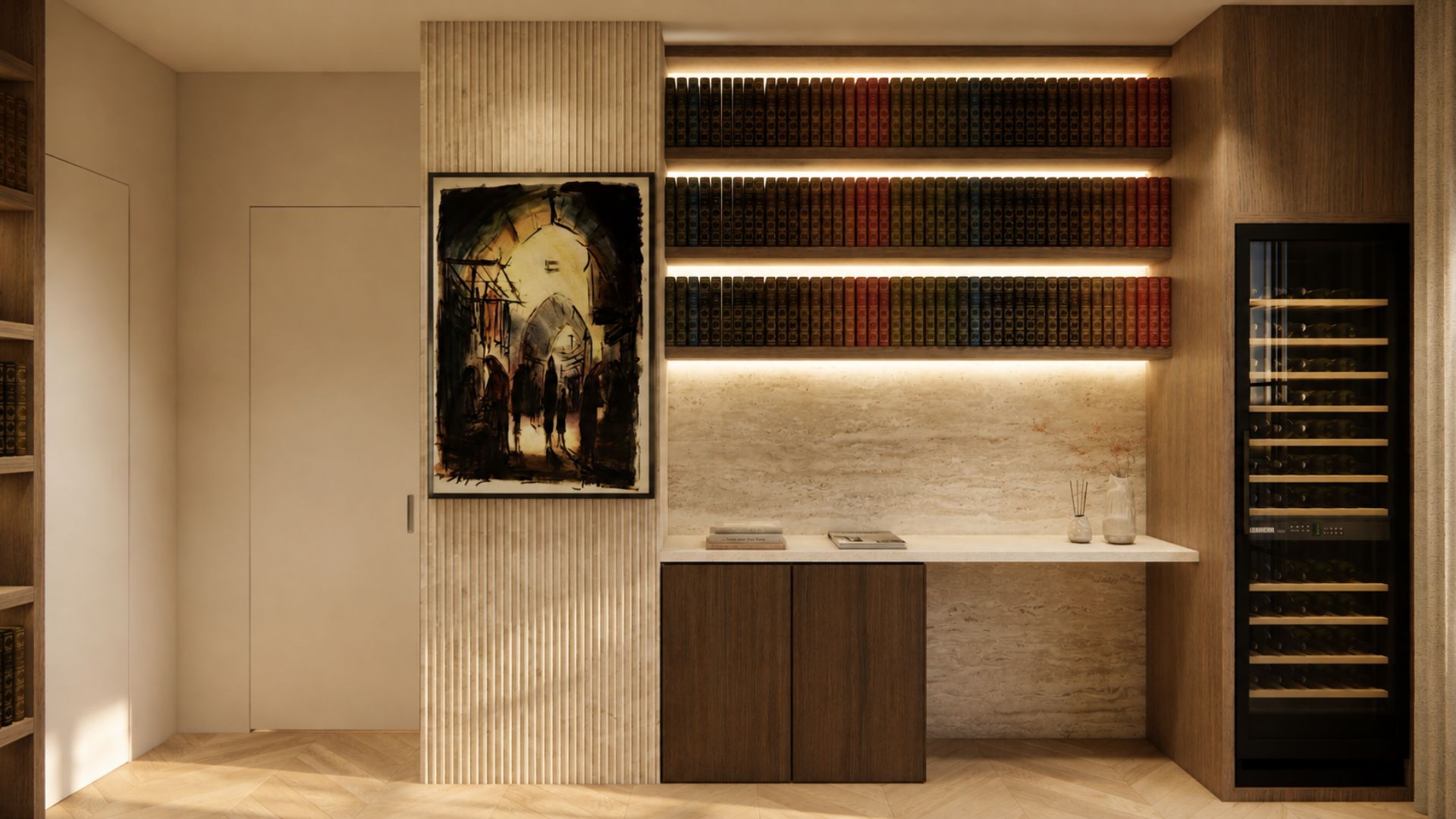 Study detail with a reeded travertine panel, framed artwork, LED-lit shelves of bound volumes above a stone-topped walnut credenza and a glass-fronted wine cabinet