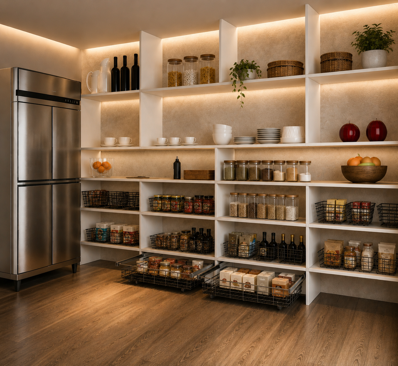 Walk-in pantry with white open shelving and LED strip lighting, glass storage jars, stacked porcelain, black wire pull-out baskets and a stainless steel double-door refrigerator on oak flooring