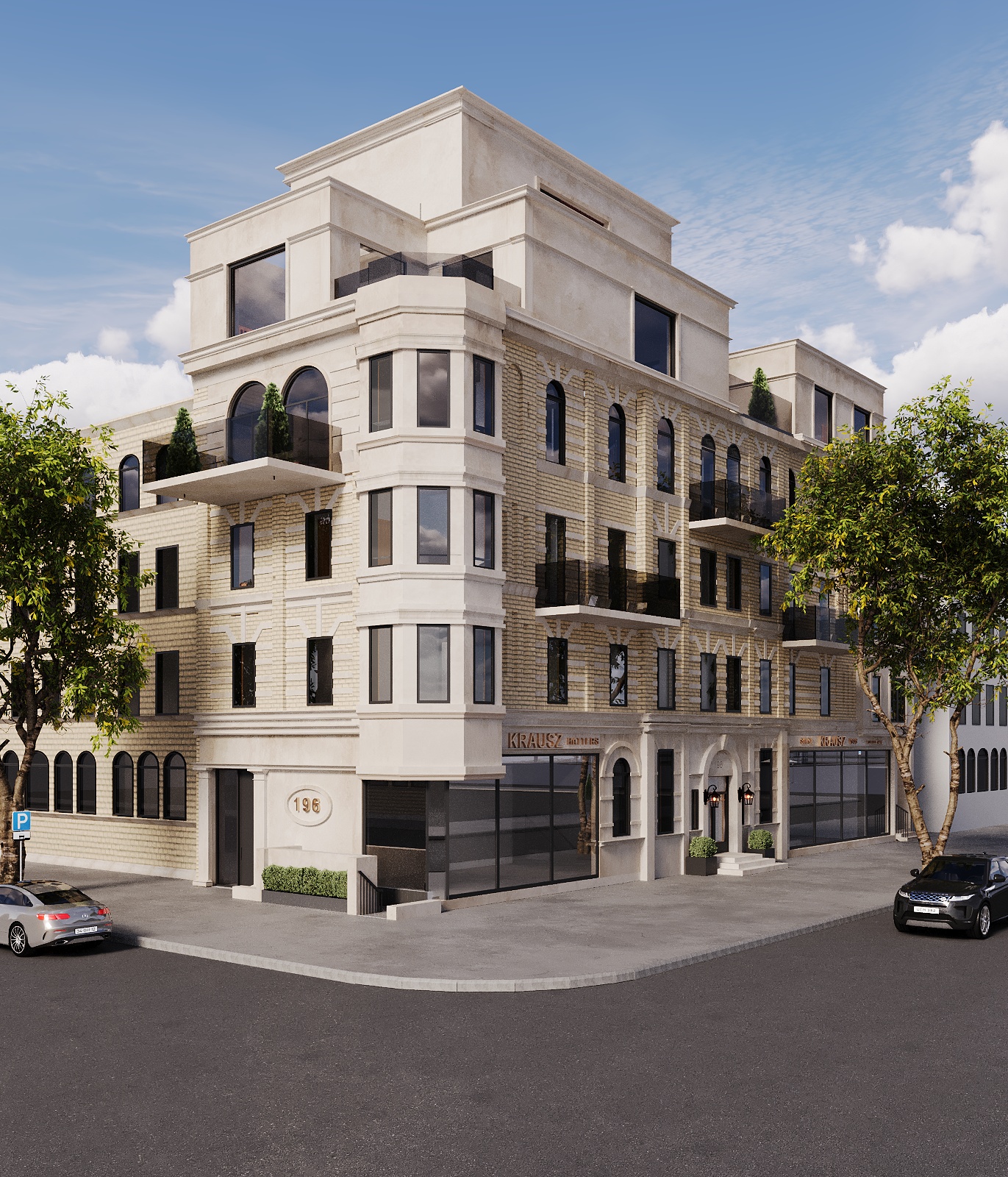 Corner elevation of a five-storey buff brick and cast-stone apartment building with arched black-framed windows, a chamfered bay, slim juliet balconies, set-back stucco top floors with terraces and glazed retail frontage at street level